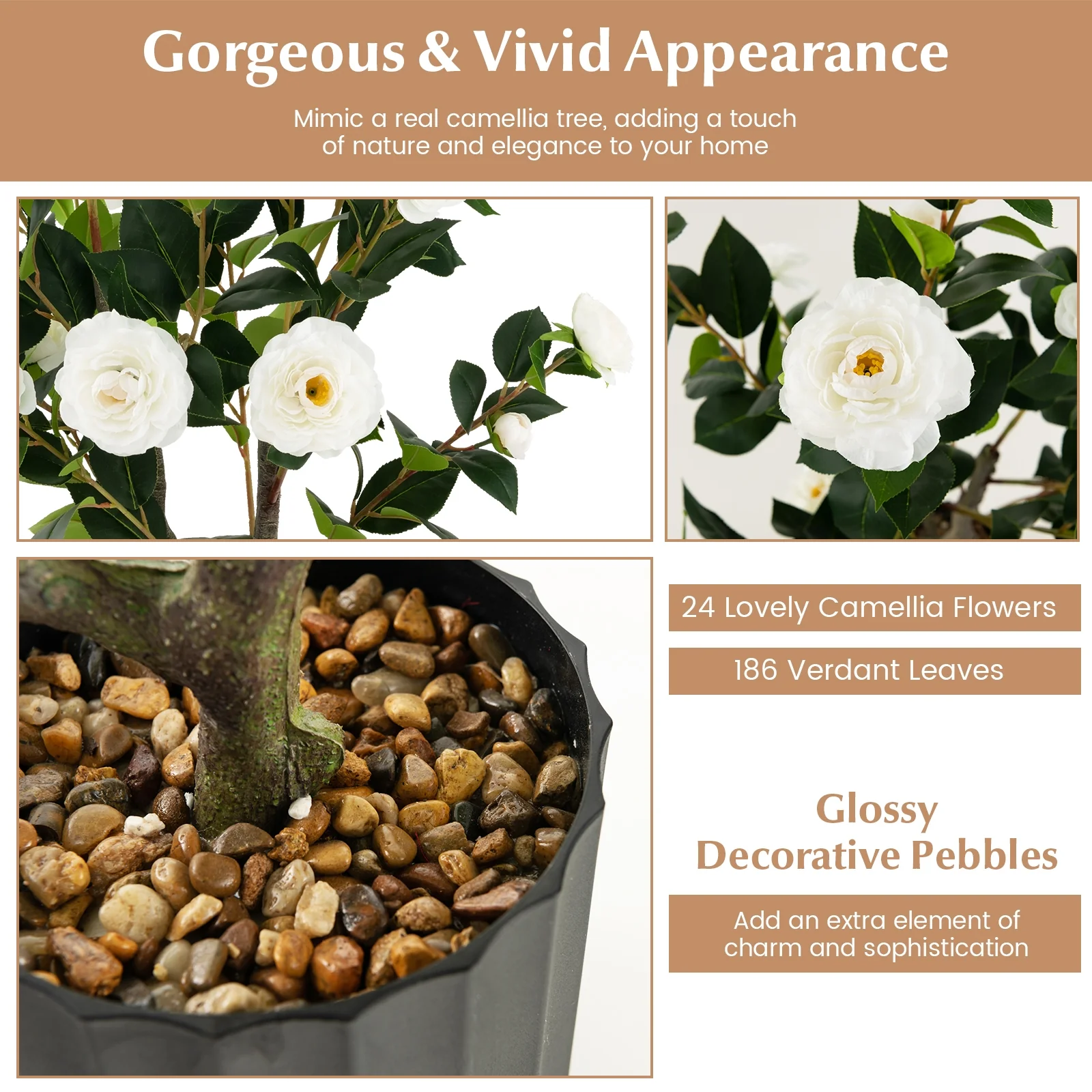 38 Inch Artificial Camellia Tree, Cement Pot, 2 Pack, White - Image 9