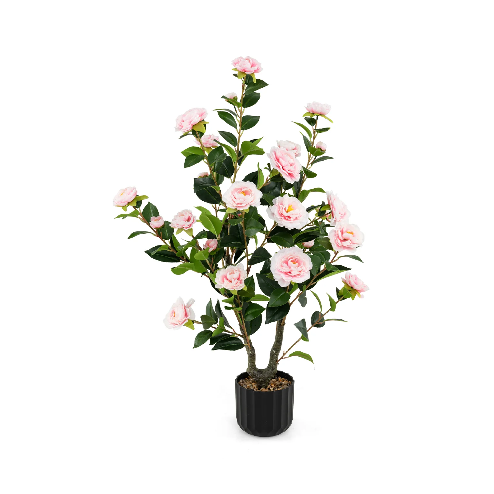 38 Inch Artificial Camellia Tree, Cement Pot, Pink