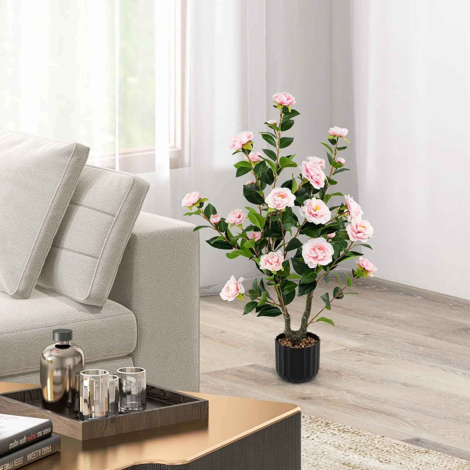 38 Inch Artificial Camellia Tree, Cement Pot, Pink - Image 2