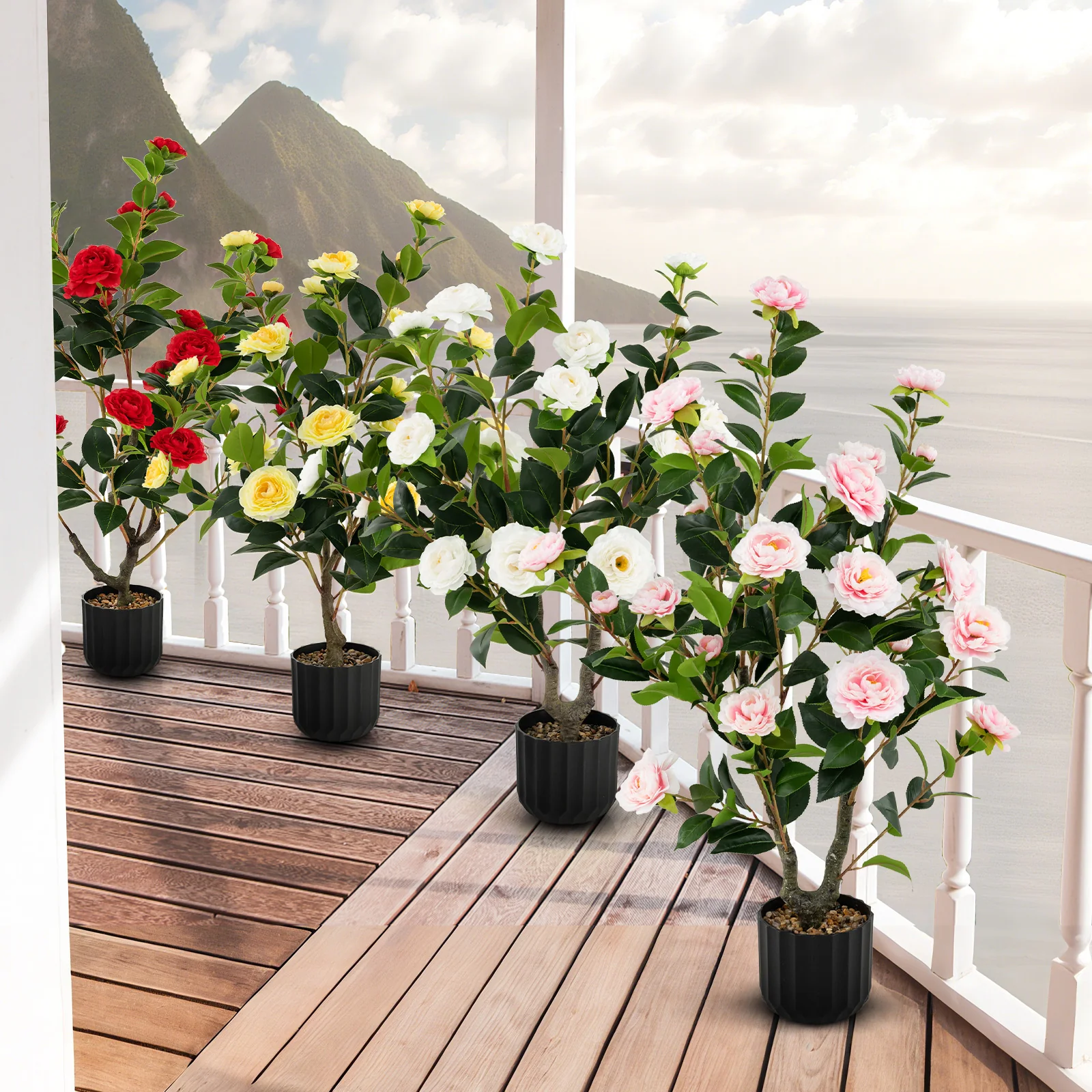 38 Inch Artificial Camellia Tree, Cement Pot, Pink - Image 3