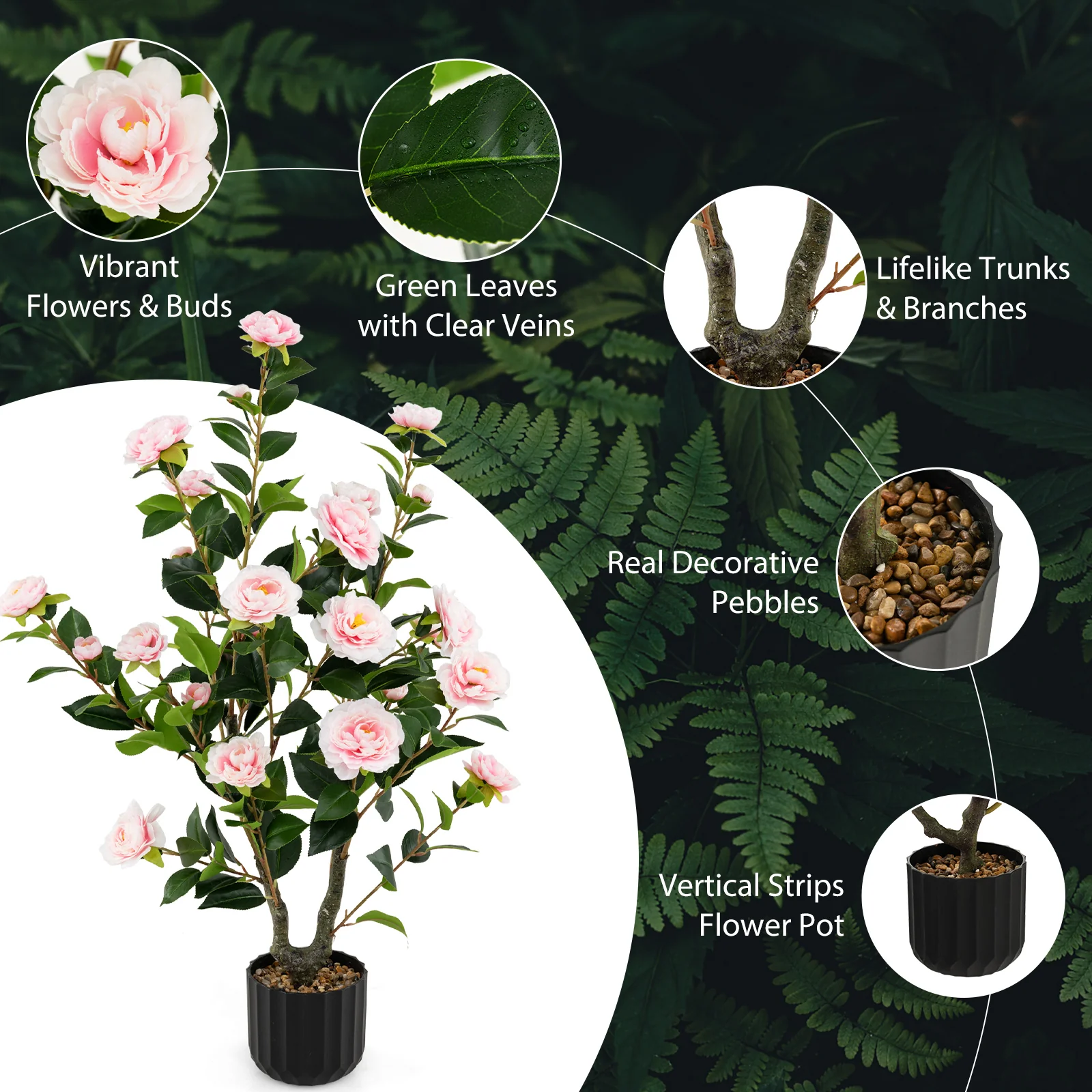 38 Inch Artificial Camellia Tree, Cement Pot, Pink - Image 6