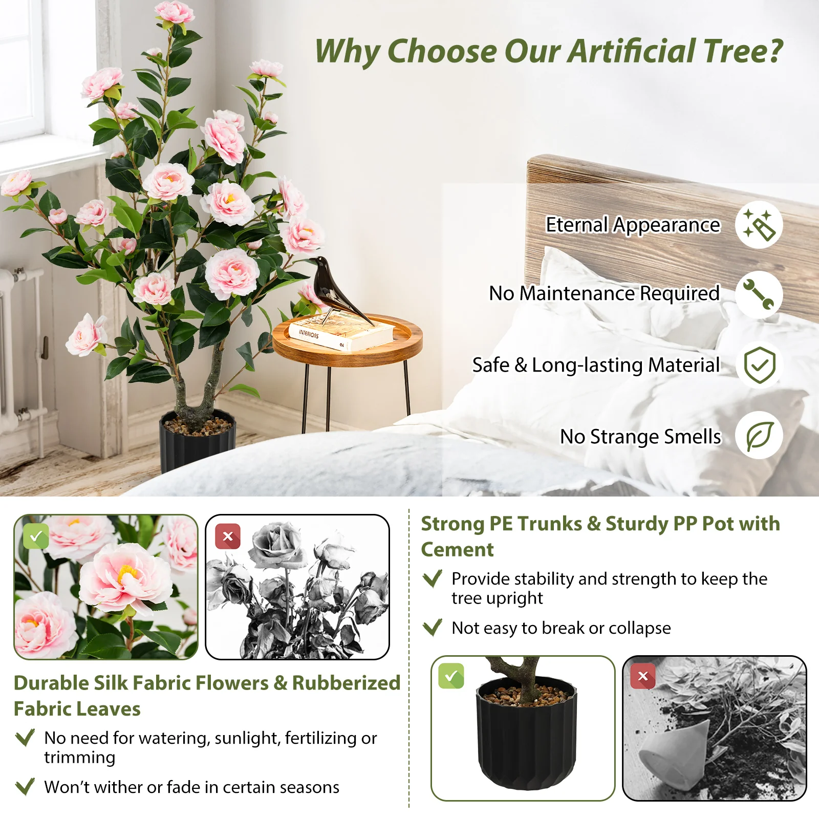 38 Inch Artificial Camellia Tree, Cement Pot, Pink - Image 7