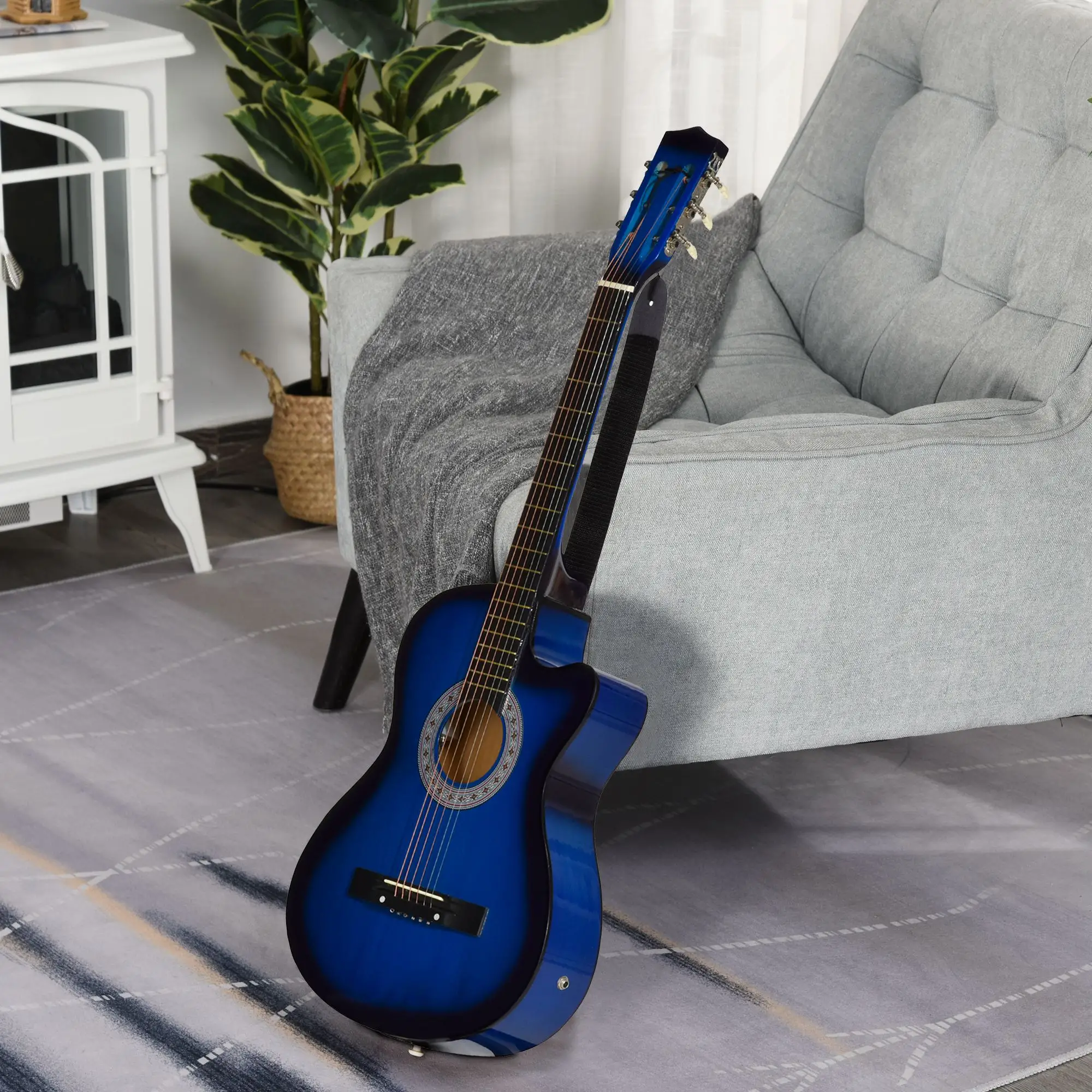 38 Inch Full Size Acoustic Electric Guitar, Gloss Finish, Blue - Image 2