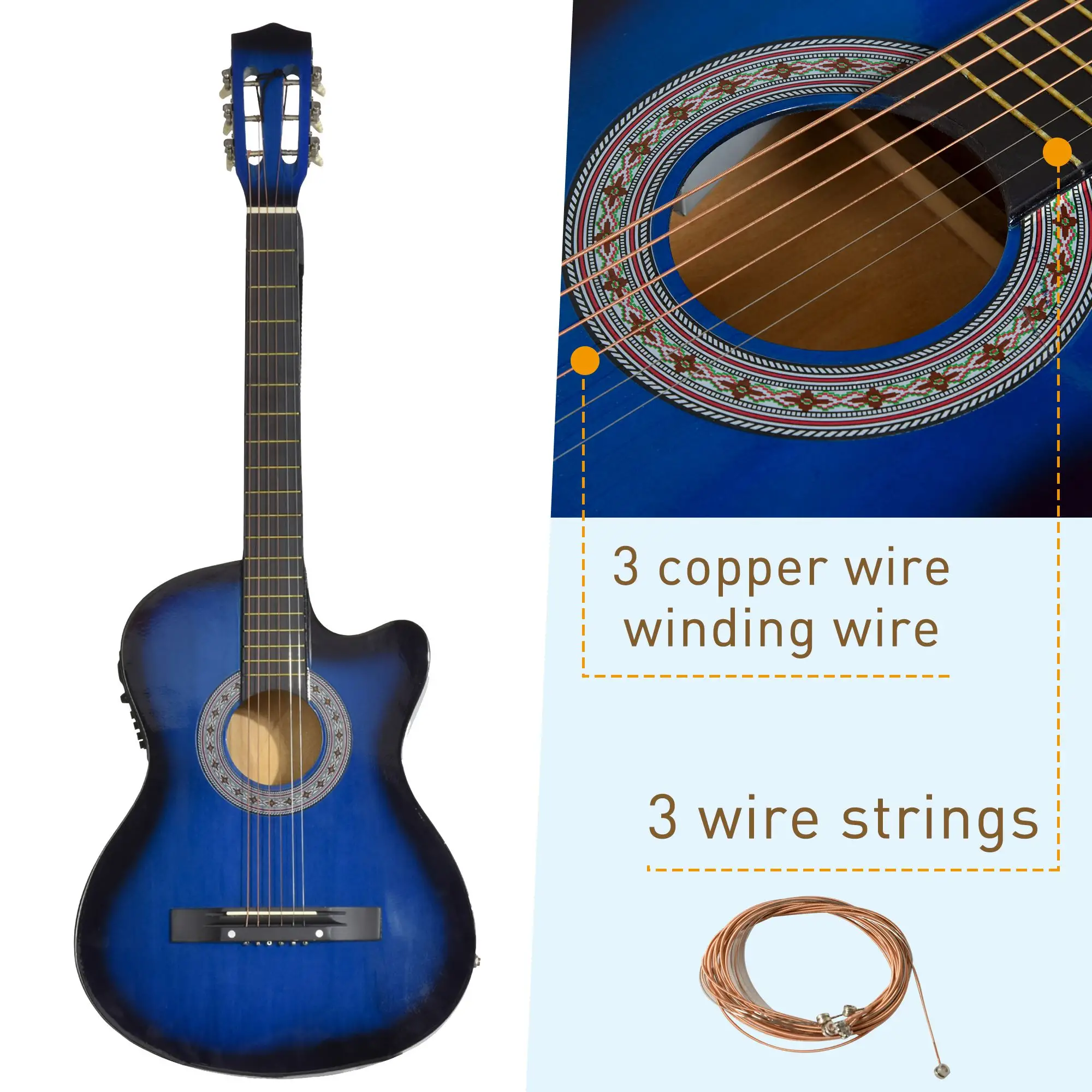 38 Inch Full Size Acoustic Electric Guitar, Gloss Finish, Blue - Image 4