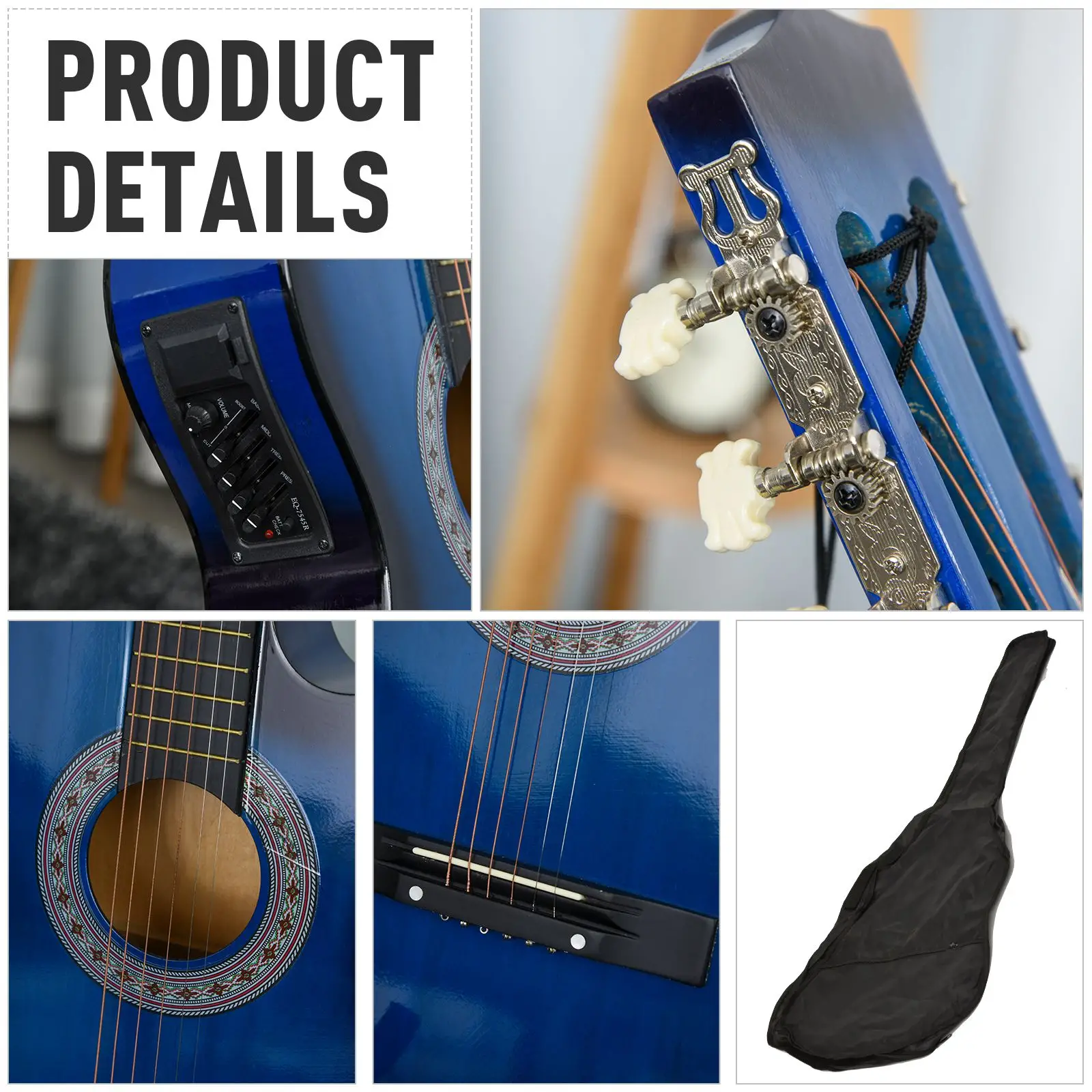 38 Inch Full Size Acoustic Electric Guitar, Gloss Finish, Blue - Image 6