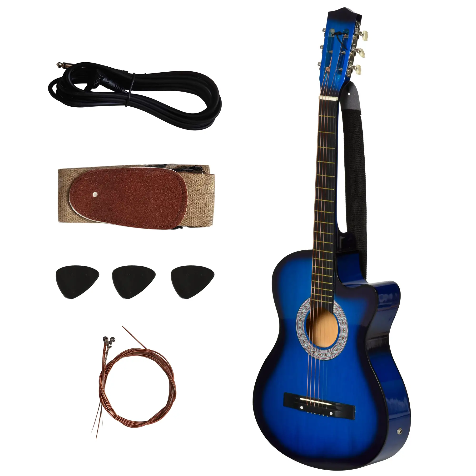 38 Inch Full Size Acoustic Electric Guitar, Gloss Finish, Blue - Image 7