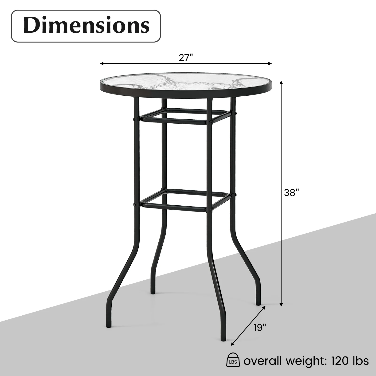 38 Inch Patio Bar Table, Tempered Glass Tabletop, Black - Image 6