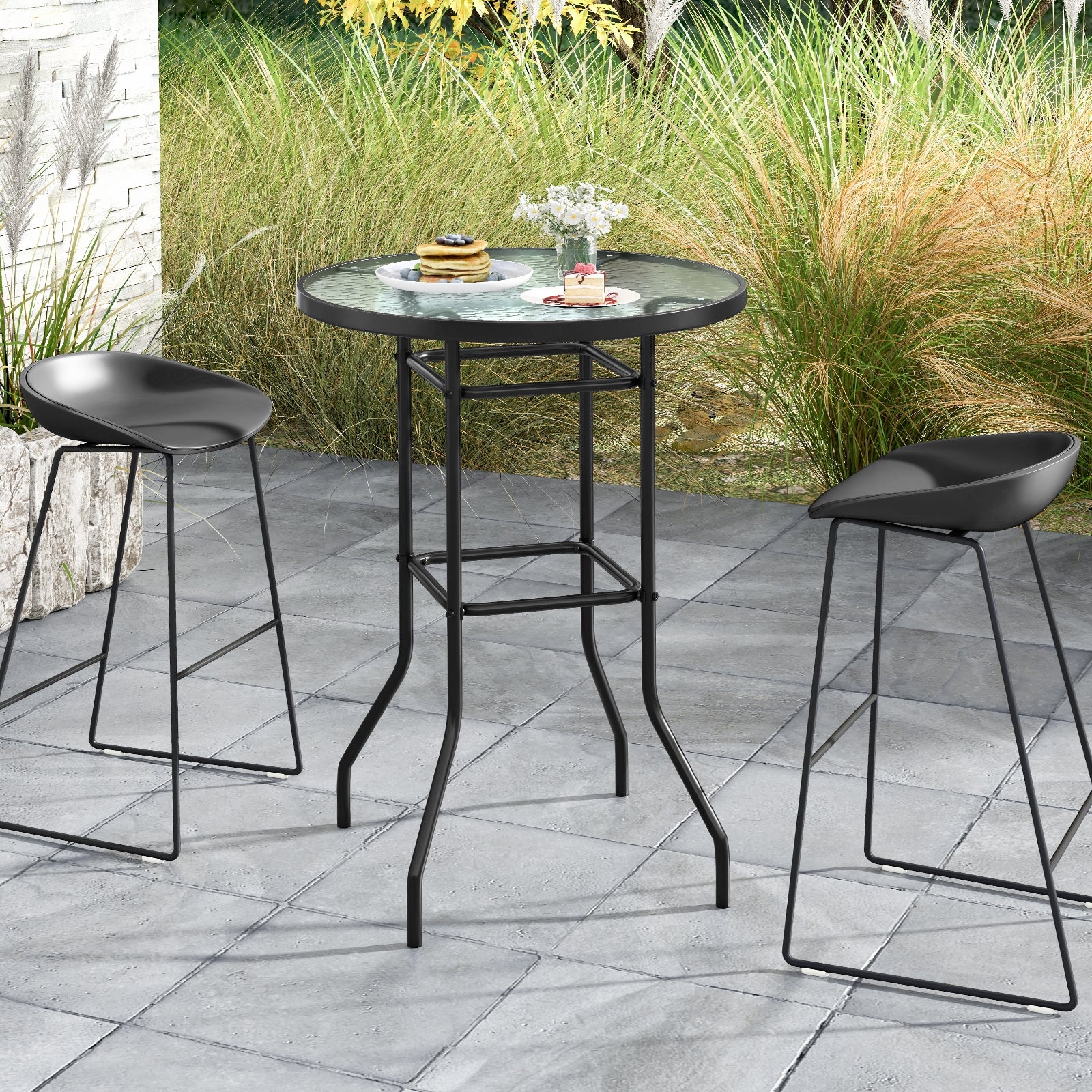38 Inch Patio Bar Table, Tempered Glass Tabletop, Black - Image 7