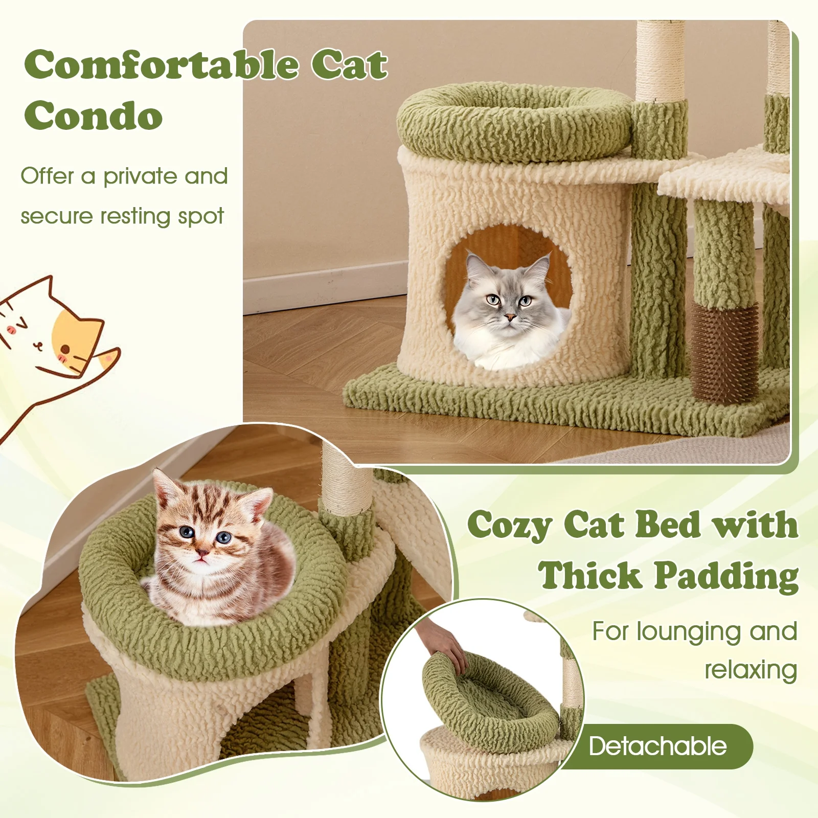 38 Inch Tall Multi-Level Kitten Tower With Condo And Bed, Green - Image 7
