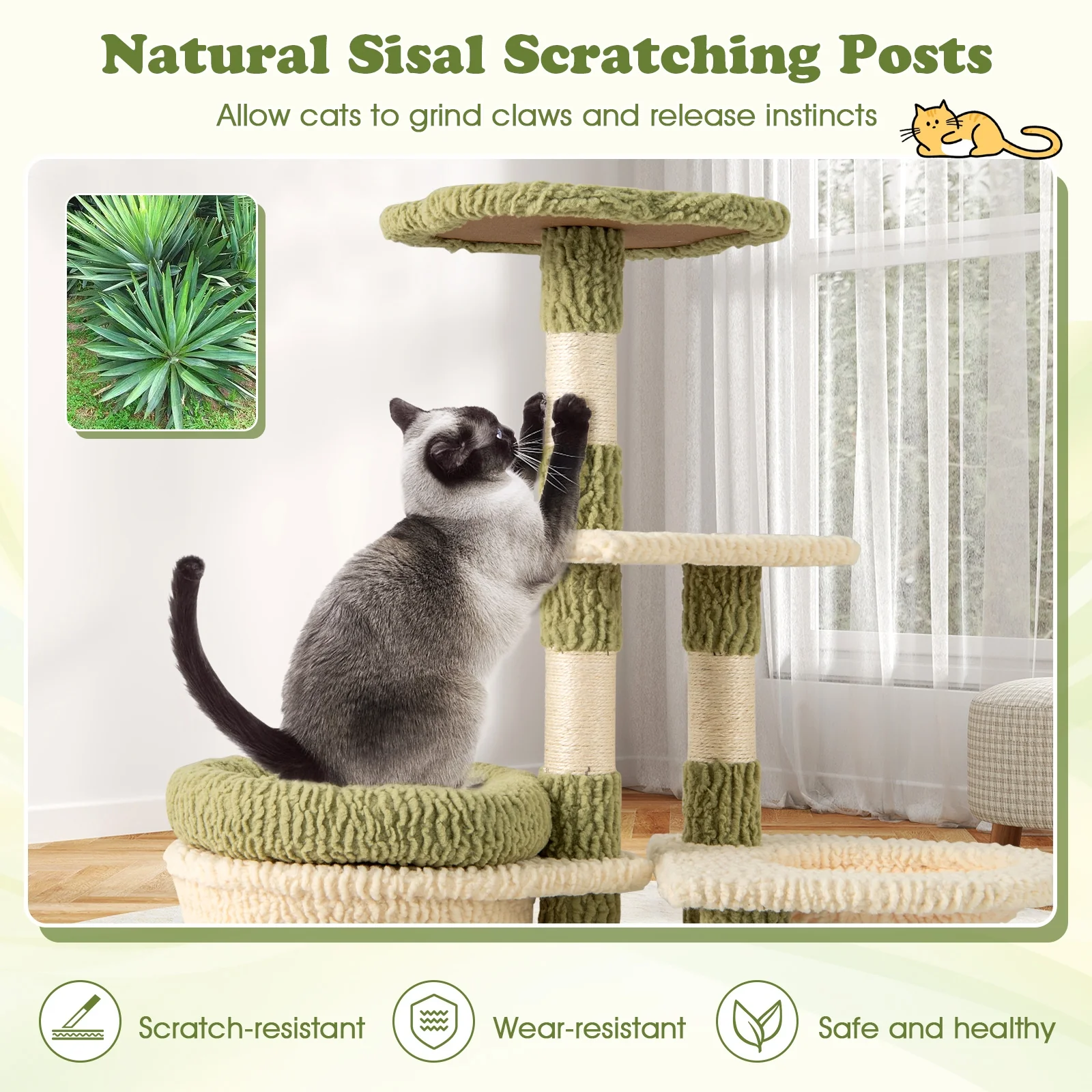 38 Inch Tall Multi-Level Kitten Tower With Condo And Bed, Green - Image 9