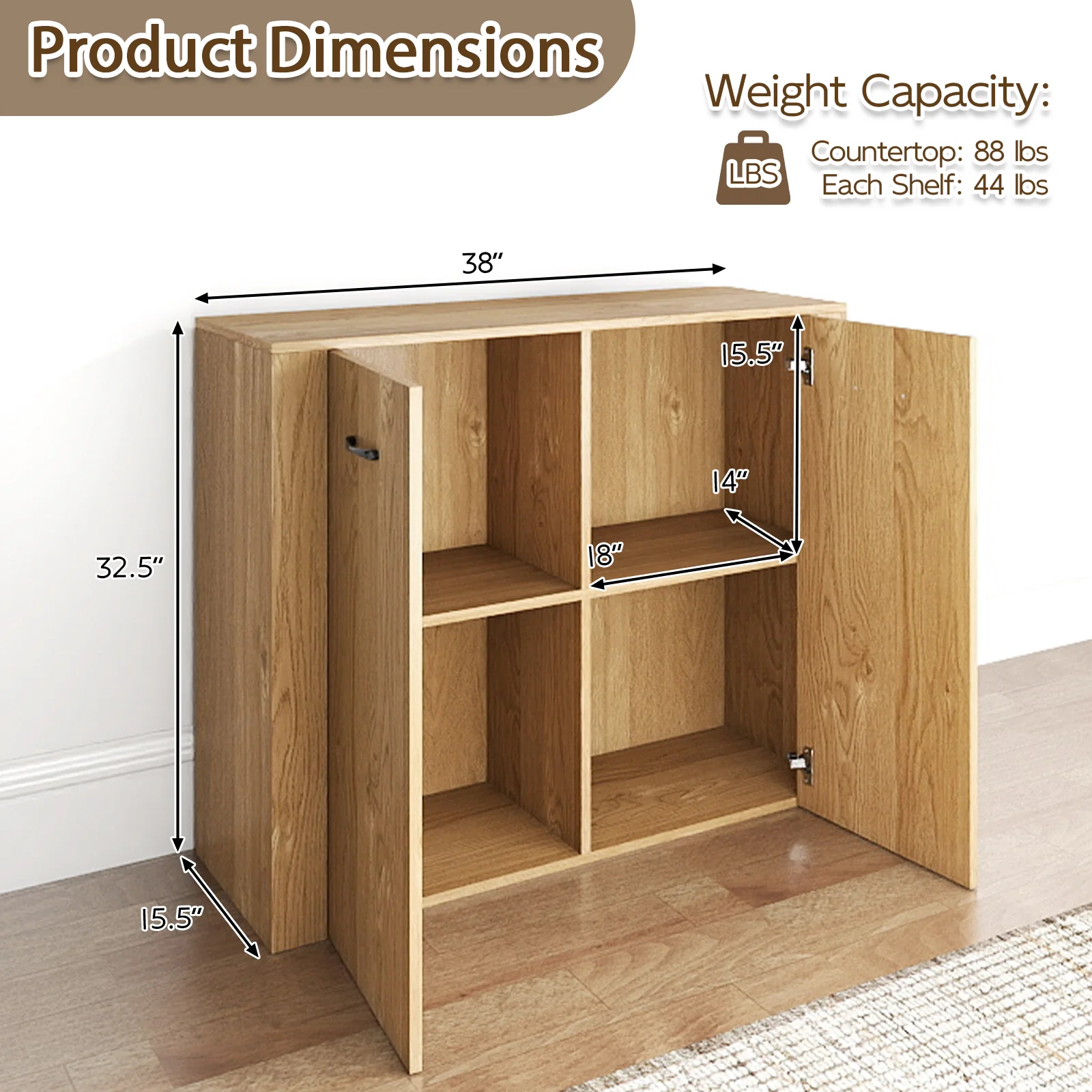 38" Modern Sideboard Cabinet With Storage, Natural - Image 5