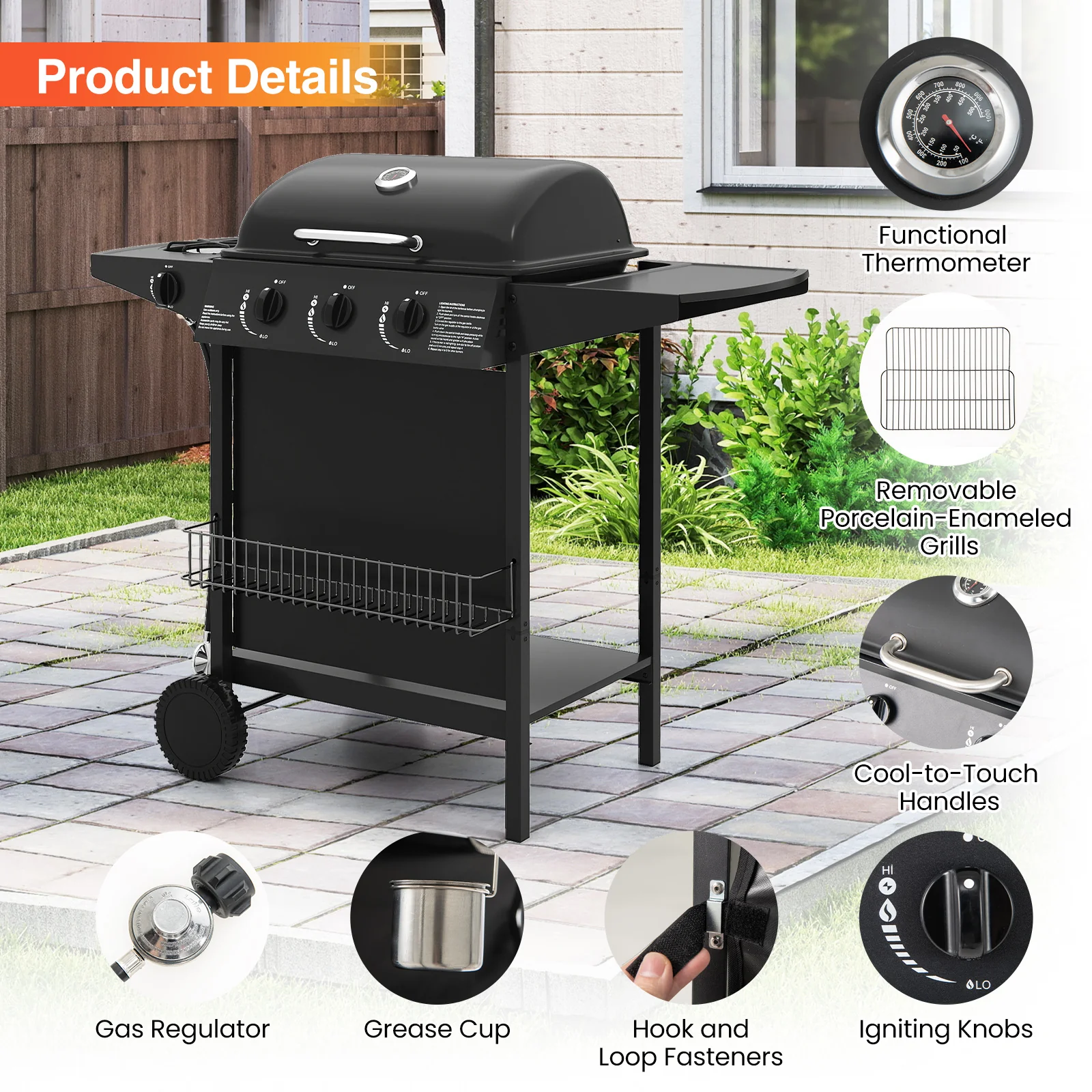 39,000 BTU Outdoor Burner Propane Gas Grill On Wheels, Black - Image 10
