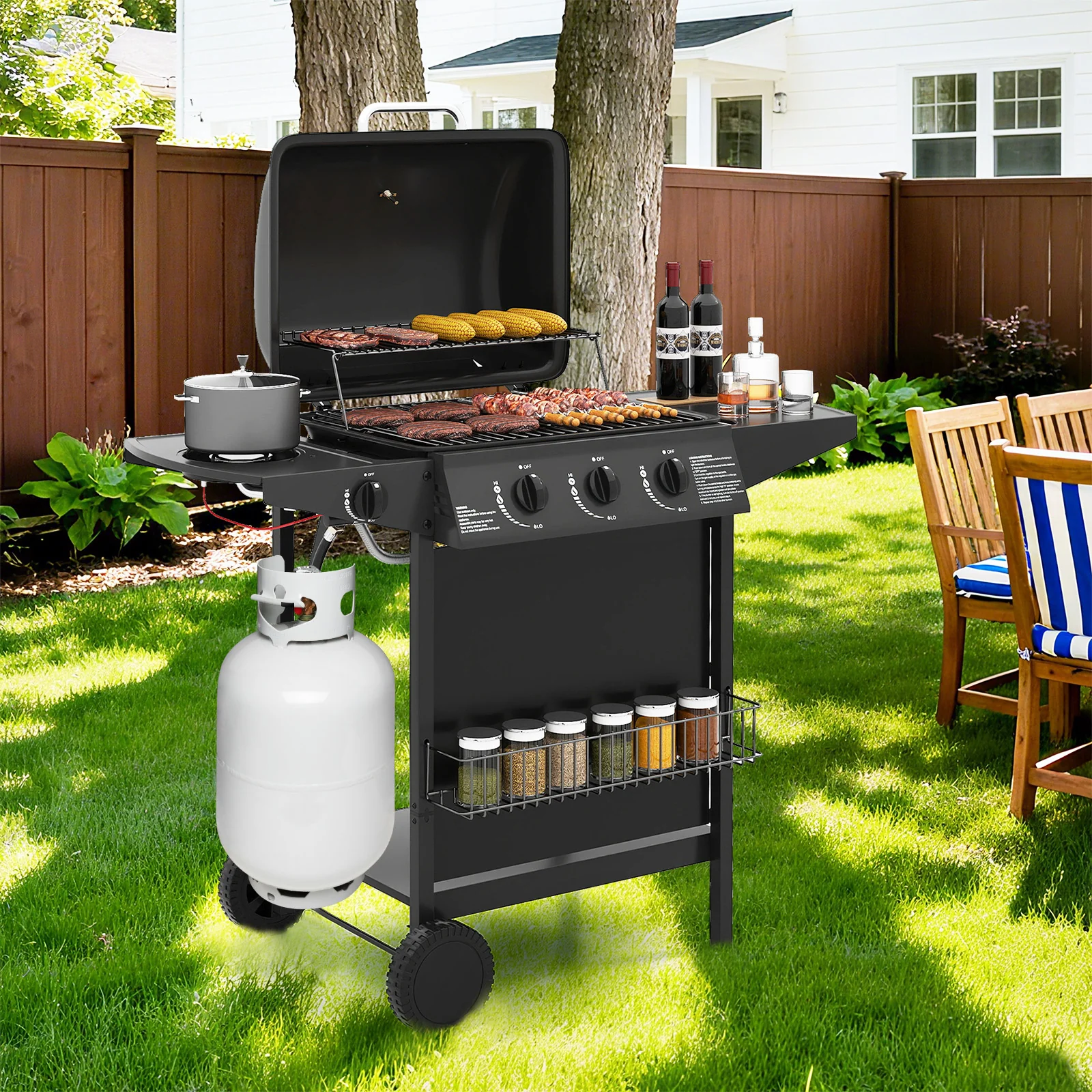 39,000 BTU Outdoor Burner Propane Gas Grill On Wheels, Black - Image 3