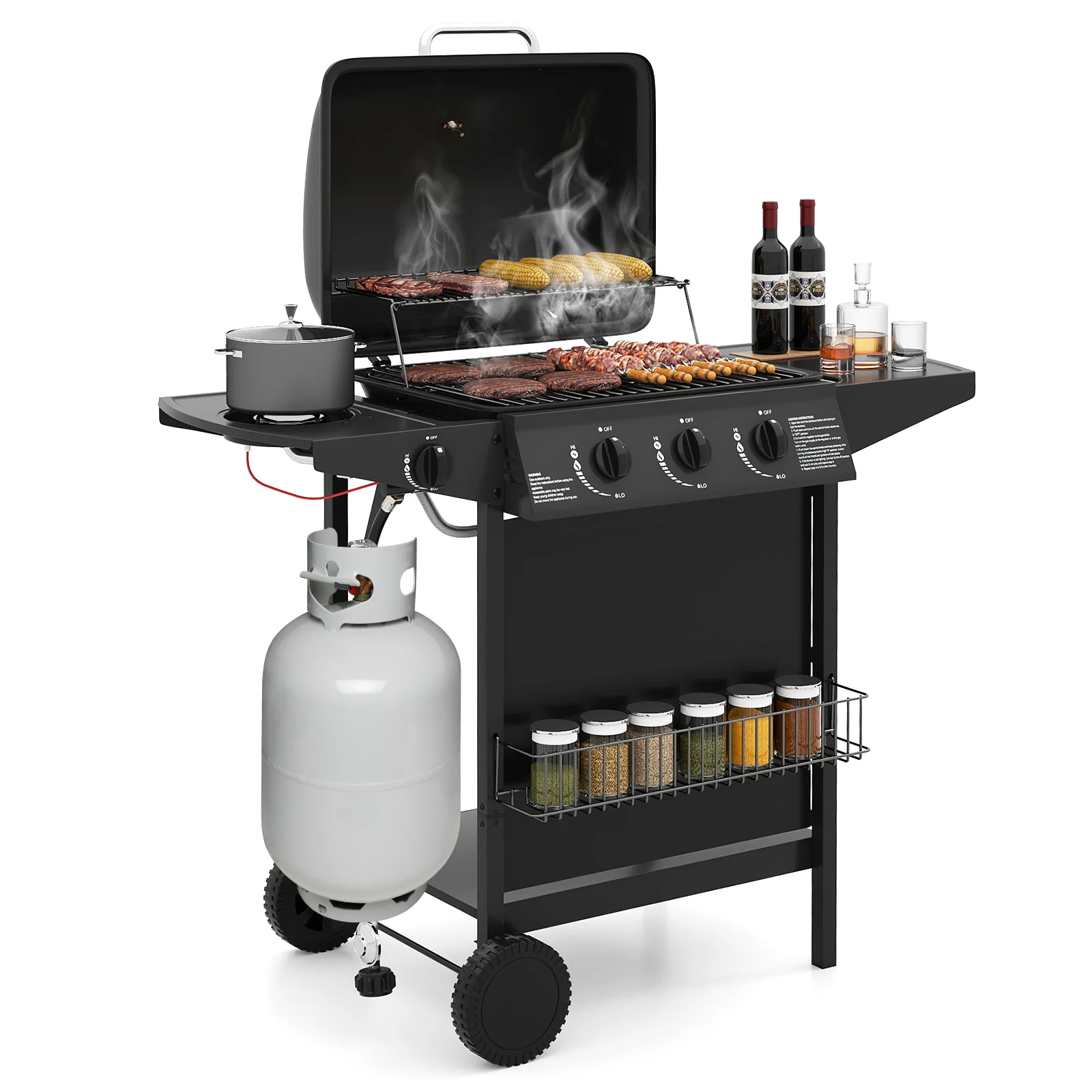 39,000 BTU Outdoor Burner Propane Gas Grill On Wheels, Black - Image 4