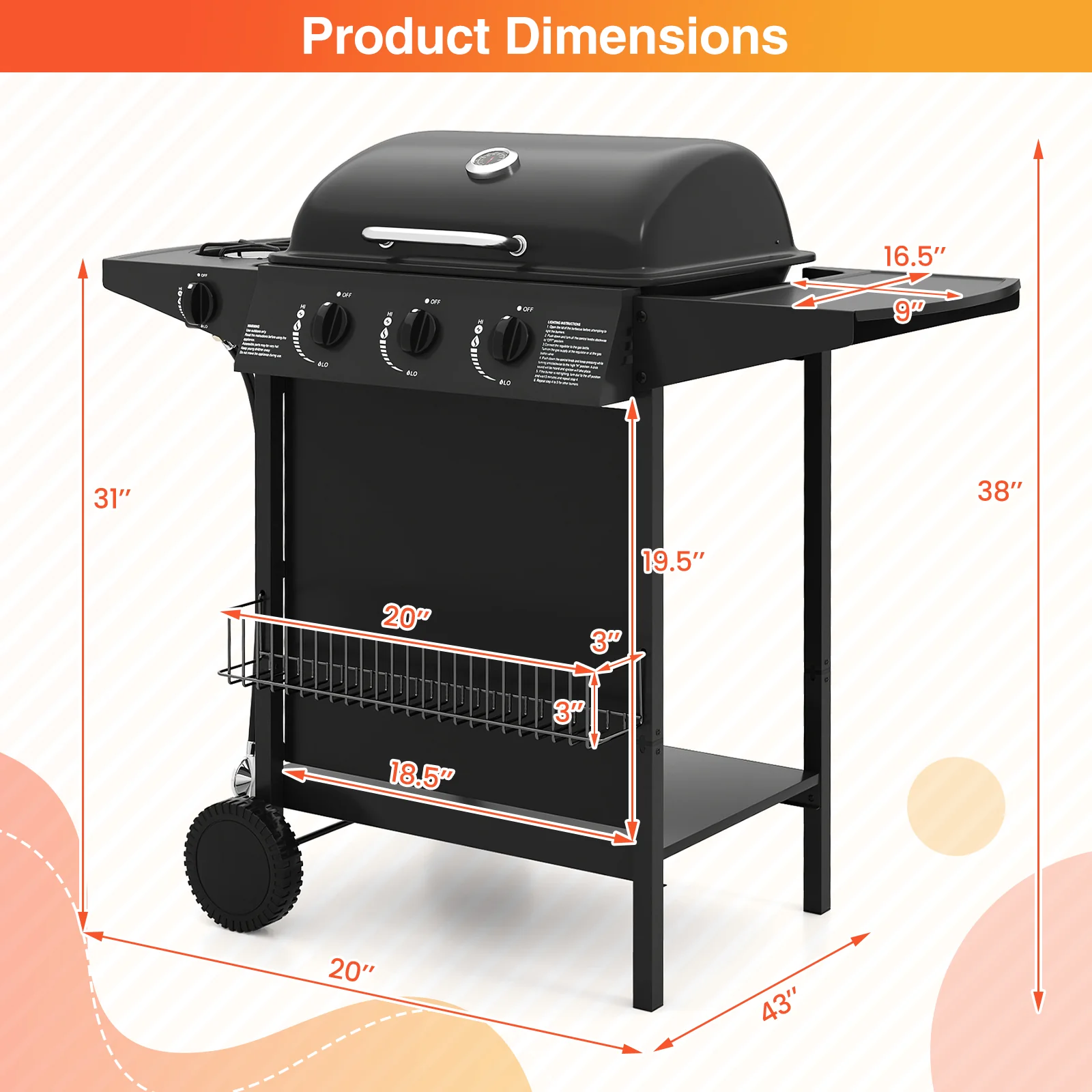 39,000 BTU Outdoor Burner Propane Gas Grill On Wheels, Black - Image 6