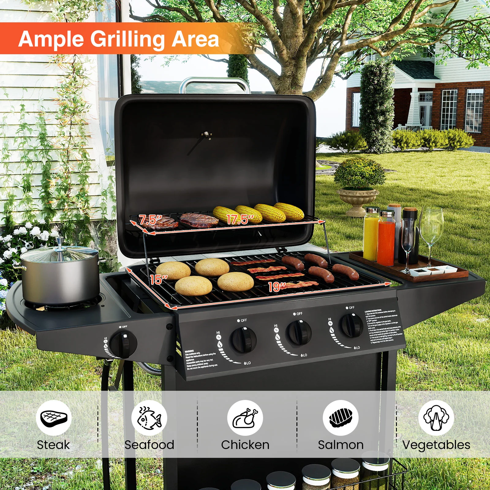 39,000 BTU Outdoor Burner Propane Gas Grill On Wheels, Black - Image 7