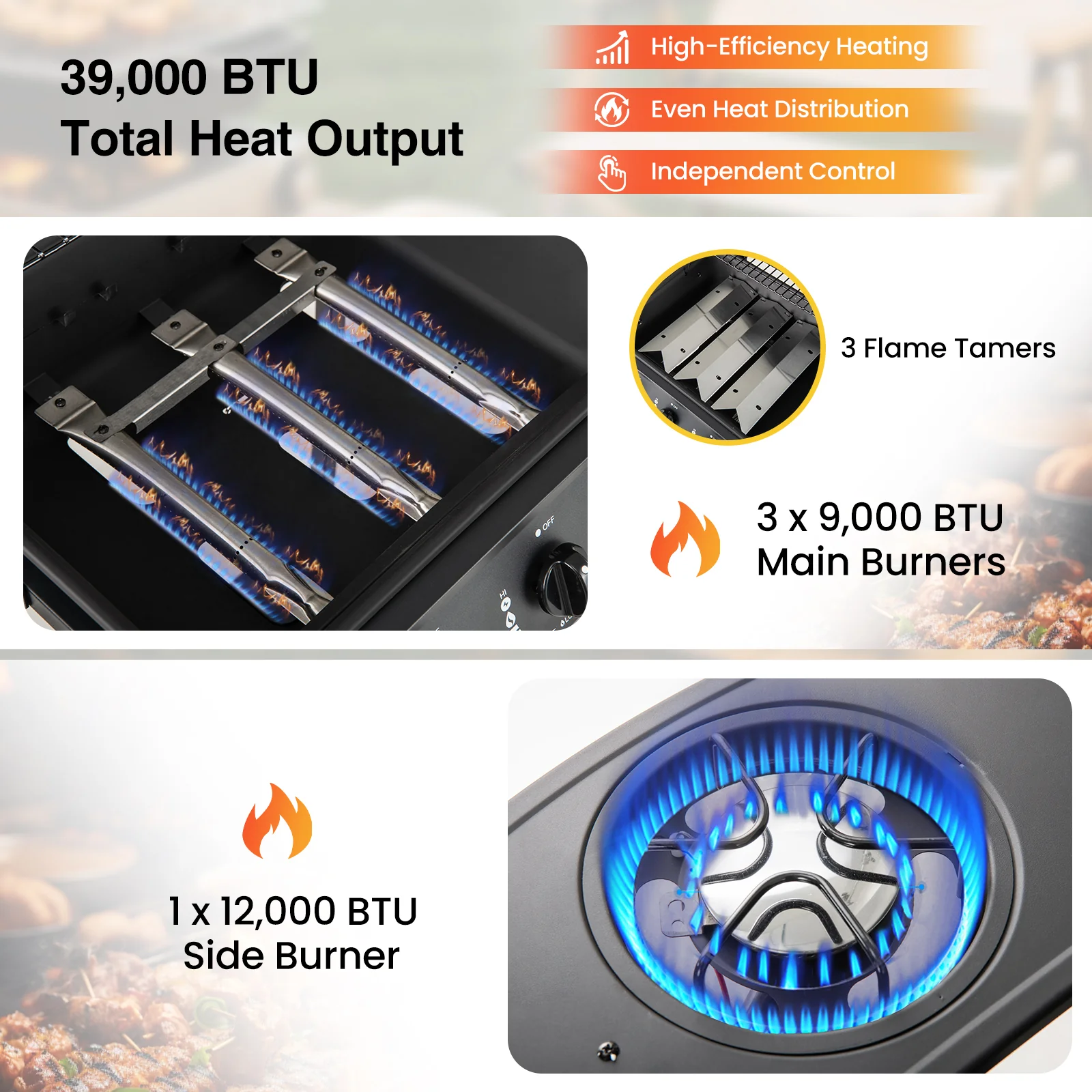 39,000 BTU Outdoor Burner Propane Gas Grill On Wheels, Black - Image 8