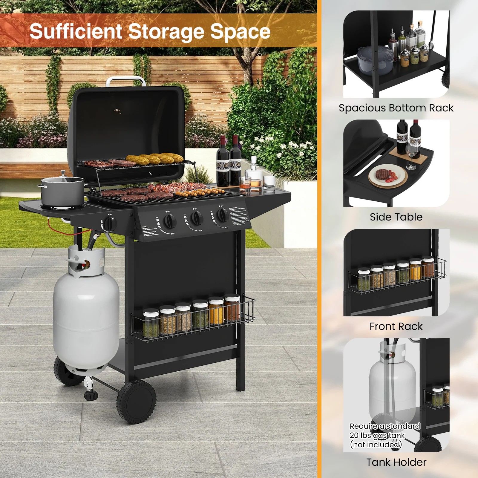 39,000 BTU Outdoor Burner Propane Gas Grill On Wheels, Black - Image 9