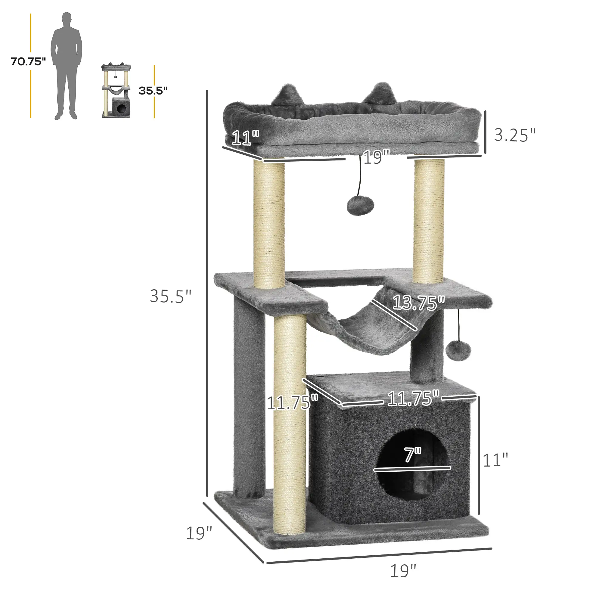 39.25'' Cat Tree Tower, Multi-Level Kitten House, Scratching Post, Gray - Image 3