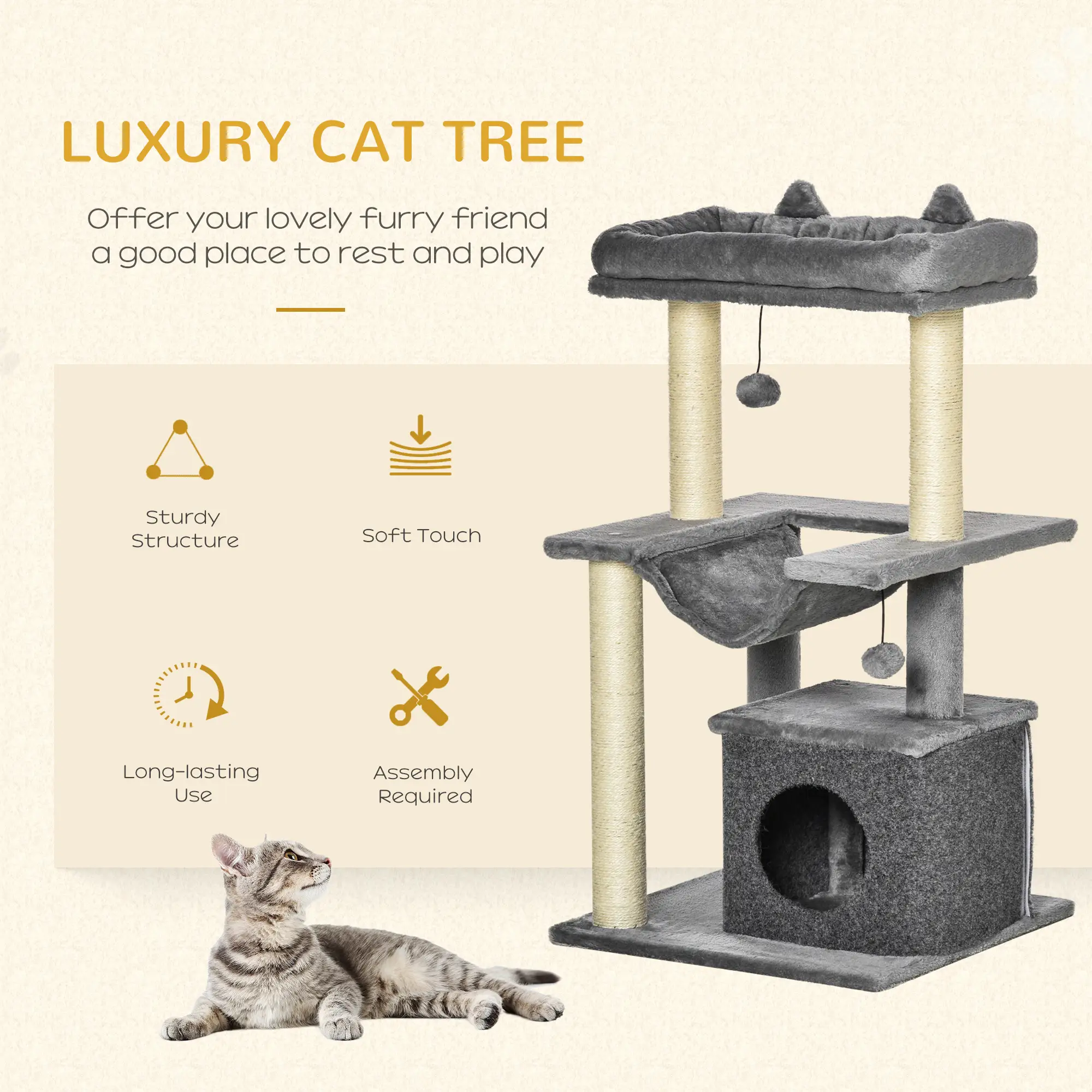 39.25'' Cat Tree Tower, Multi-Level Kitten House, Scratching Post, Gray - Image 4