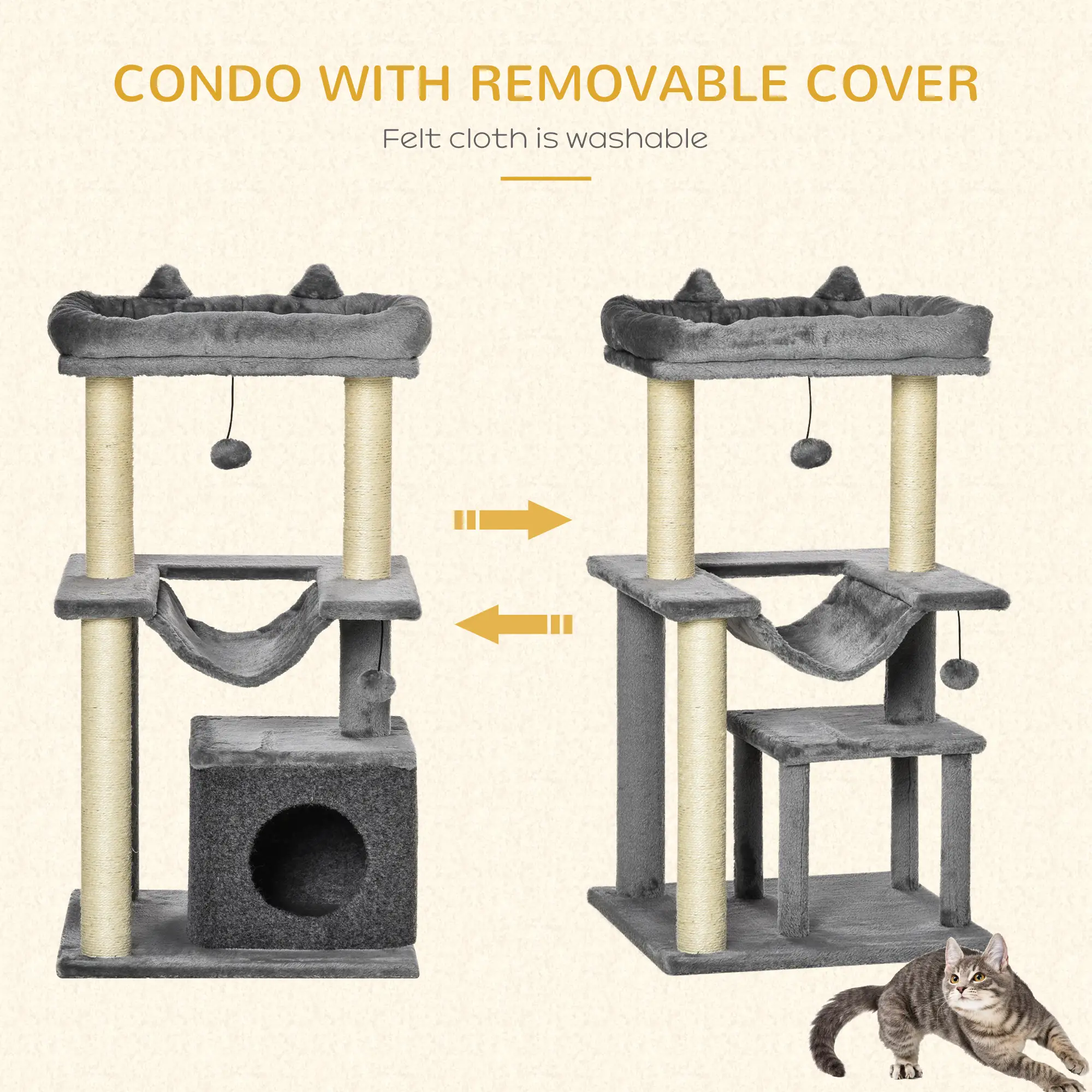 39.25'' Cat Tree Tower, Multi-Level Kitten House, Scratching Post, Gray - Image 6