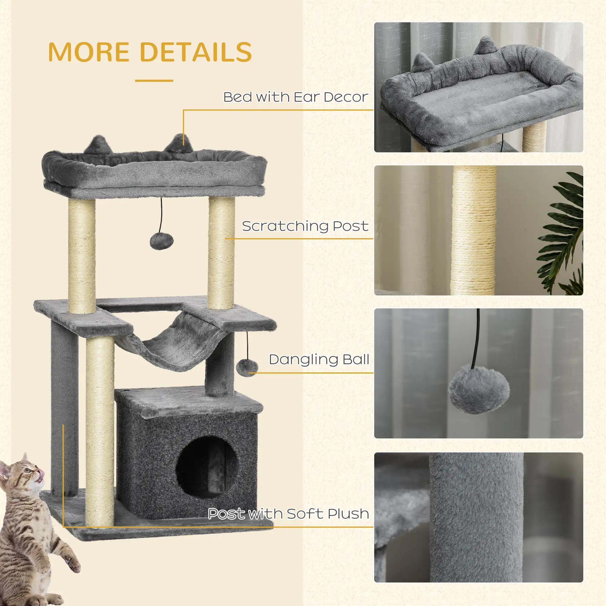 39.25'' Cat Tree Tower, Multi-Level Kitten House, Scratching Post, Gray - Image 7