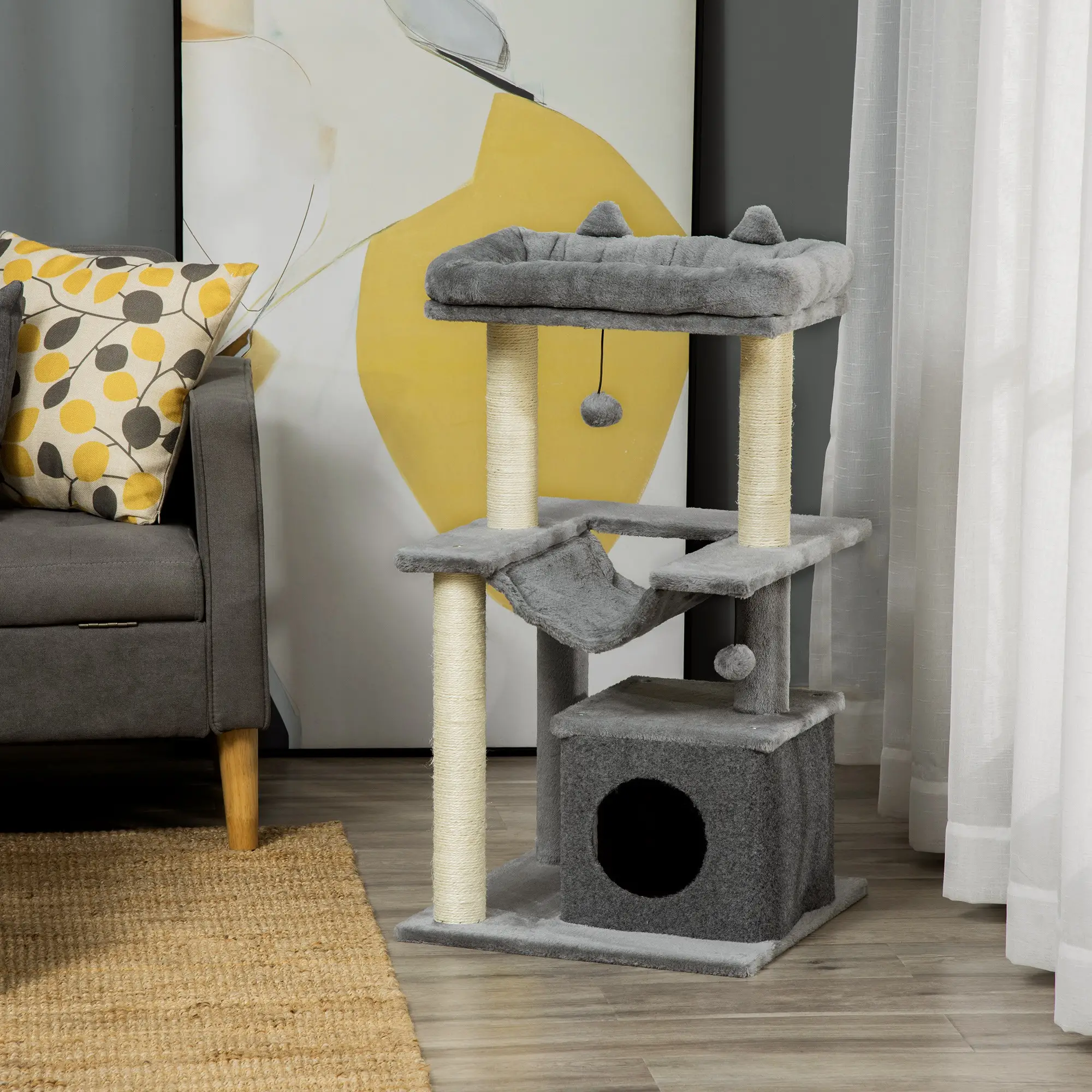 39.25'' Cat Tree Tower, Multi-Level Kitten House, Scratching Post, Gray - Image 9