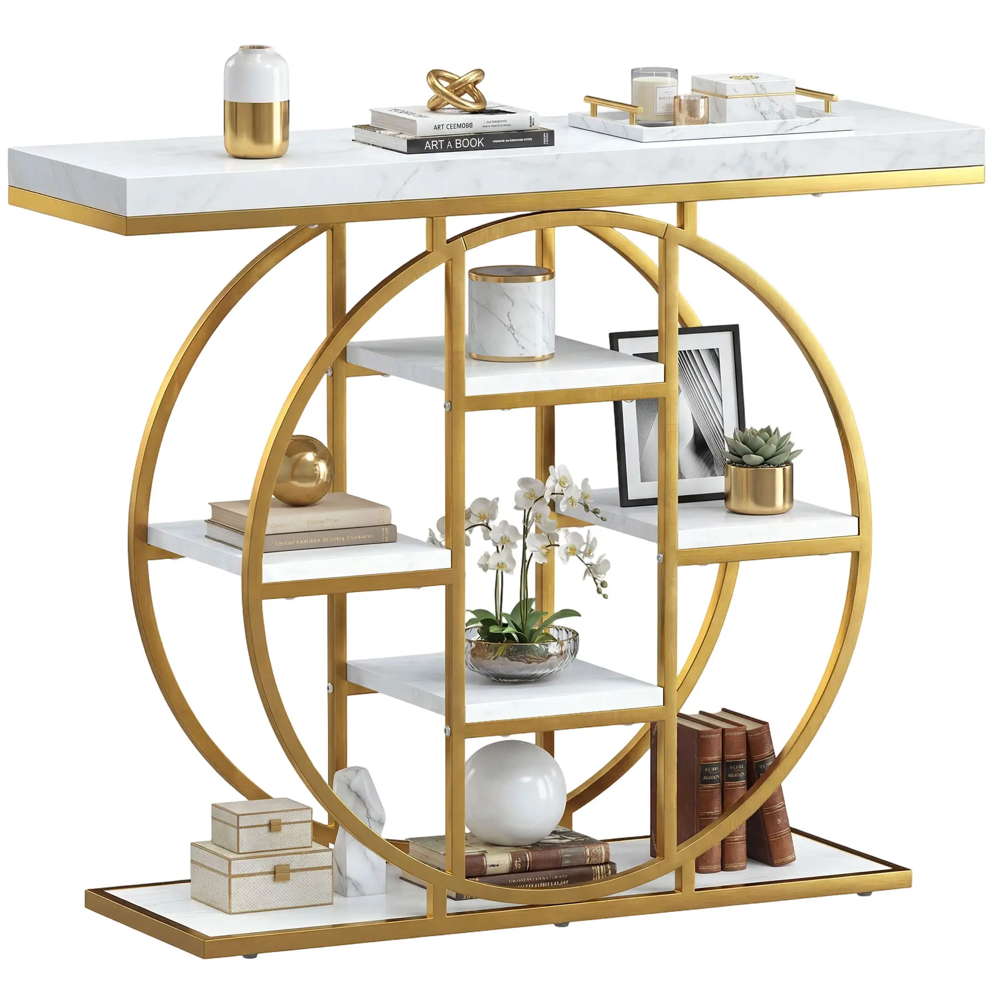39.4" Console Table With Storage Shelves, White Marble Effect, White - Image 10