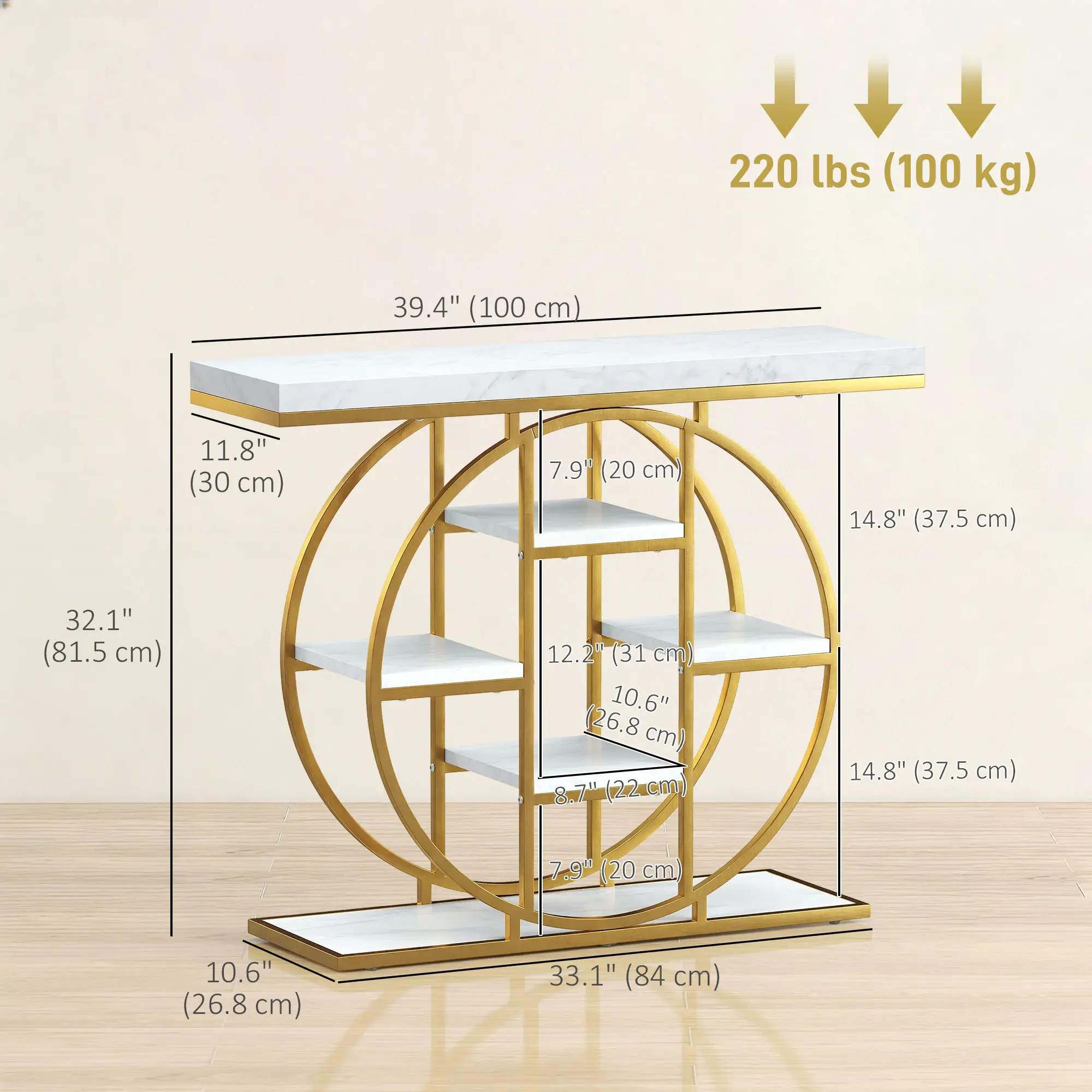 39.4" Console Table With Storage Shelves, White Marble Effect, White - Image 3