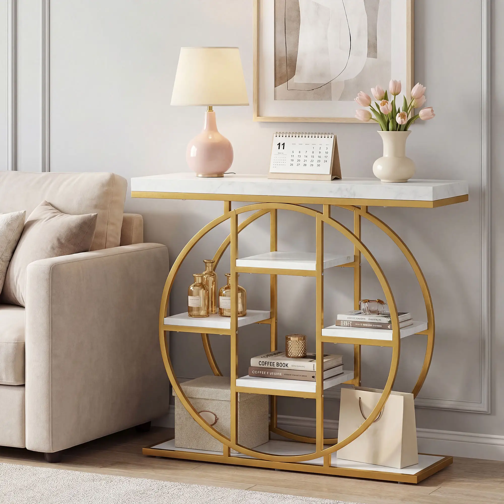 39.4" Console Table With Storage Shelves, White Marble Effect, White - Image 9