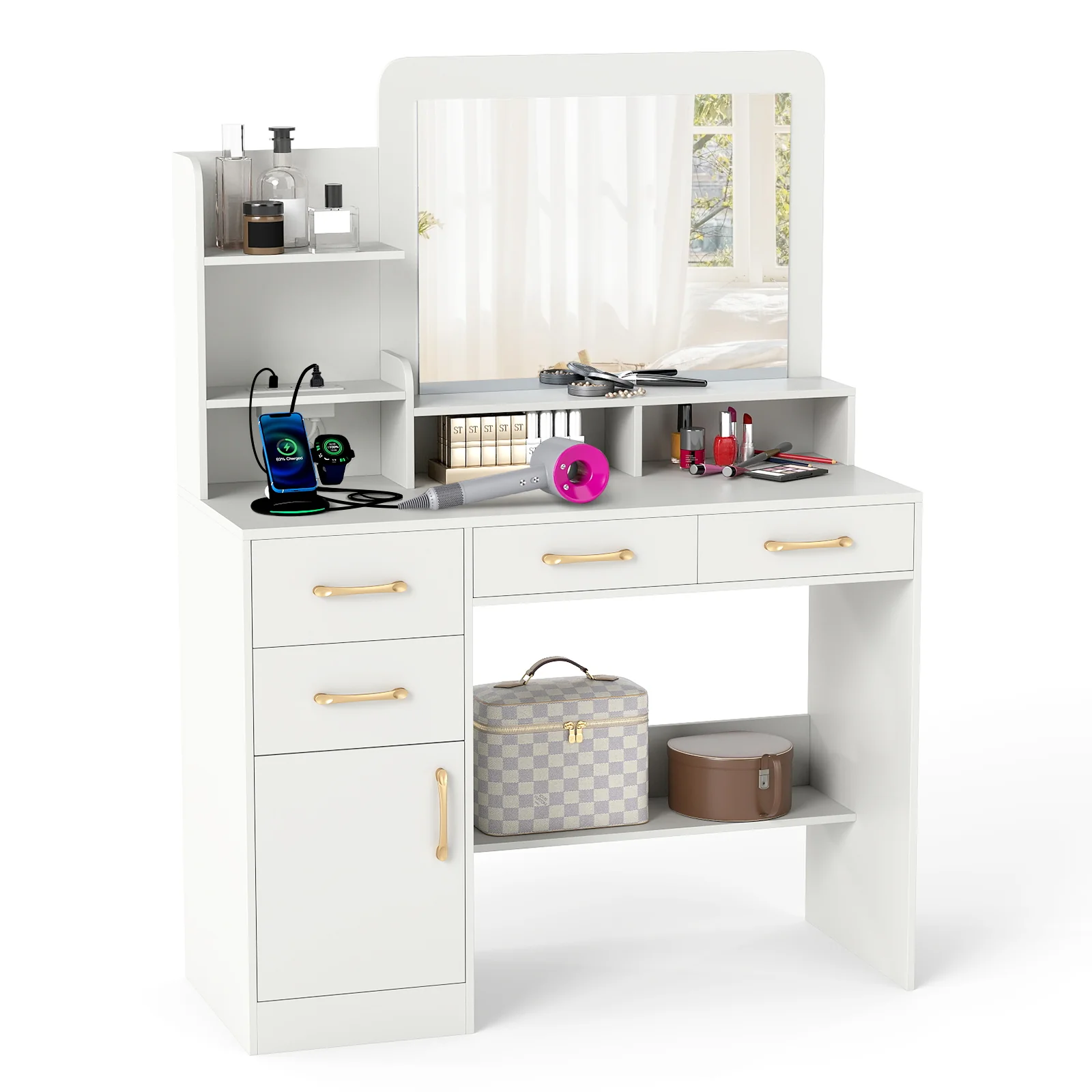 39.5 Inch Vanity Desk With Power Outlets And Mirror, White - Image 4