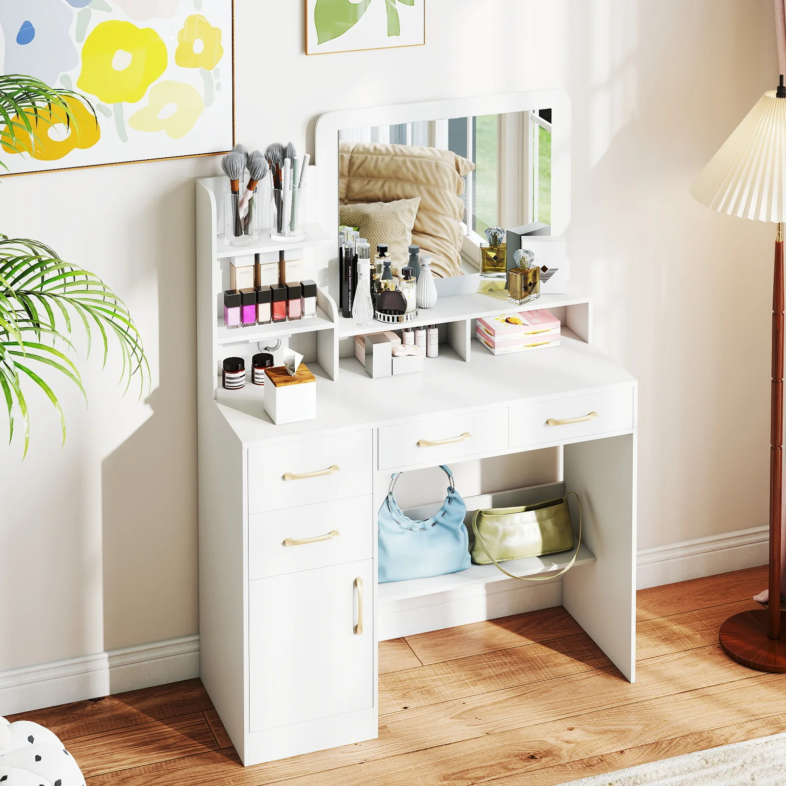 39.5 Inch Vanity Desk With Power Outlets And Mirror, White - Image 9