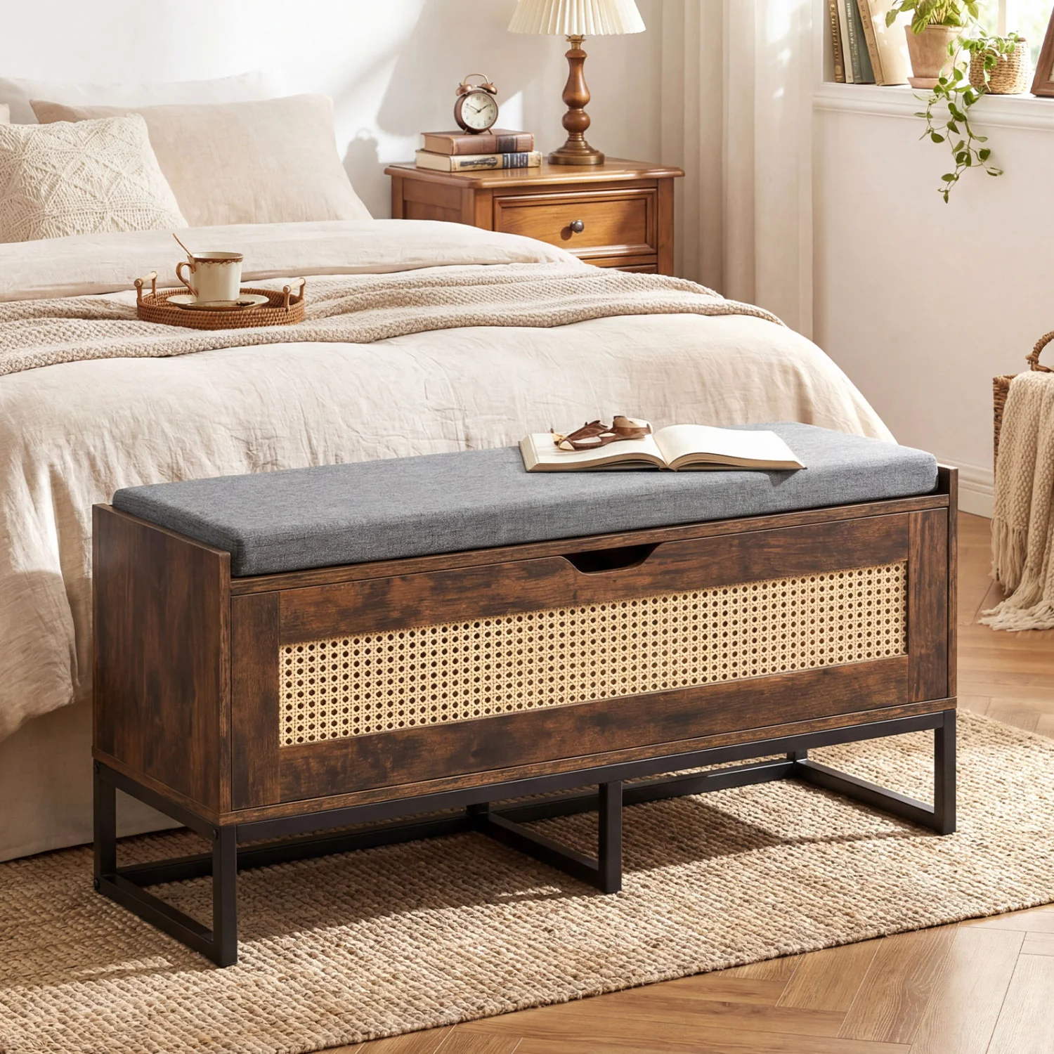 39.5" Rattan Storage Chest, Wicker Shoe Bench, Padded Seat Flip-Top, Brown - Image 2