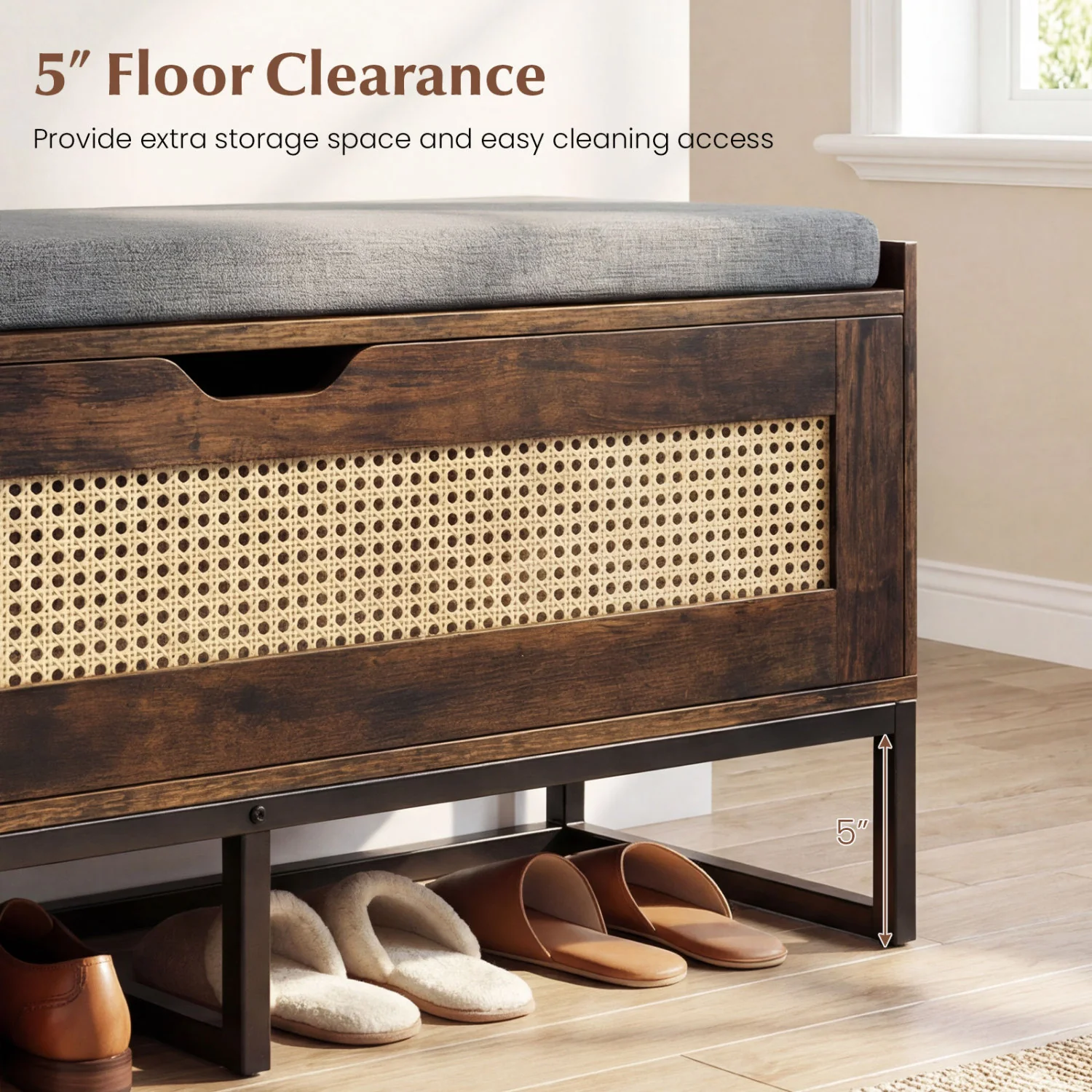 39.5" Rattan Storage Chest, Wicker Shoe Bench, Padded Seat Flip-Top, Brown - Image 7