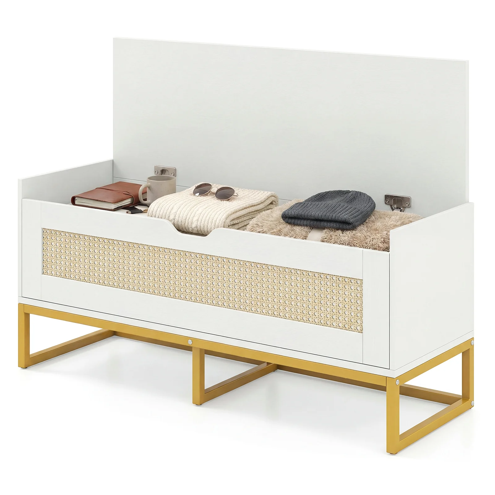 39.5" Rattan Storage Chest, Wicker Shoe Bench, Padded Seat Flip-Top, White - Image 4