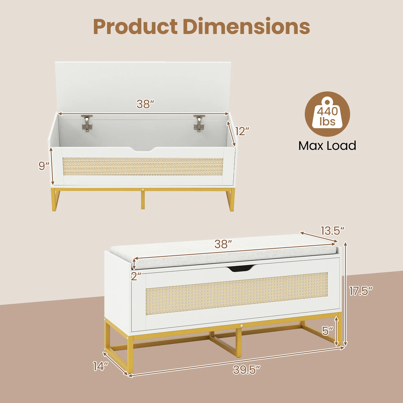 39.5" Rattan Storage Chest, Wicker Shoe Bench, Padded Seat Flip-Top, White - Image 5