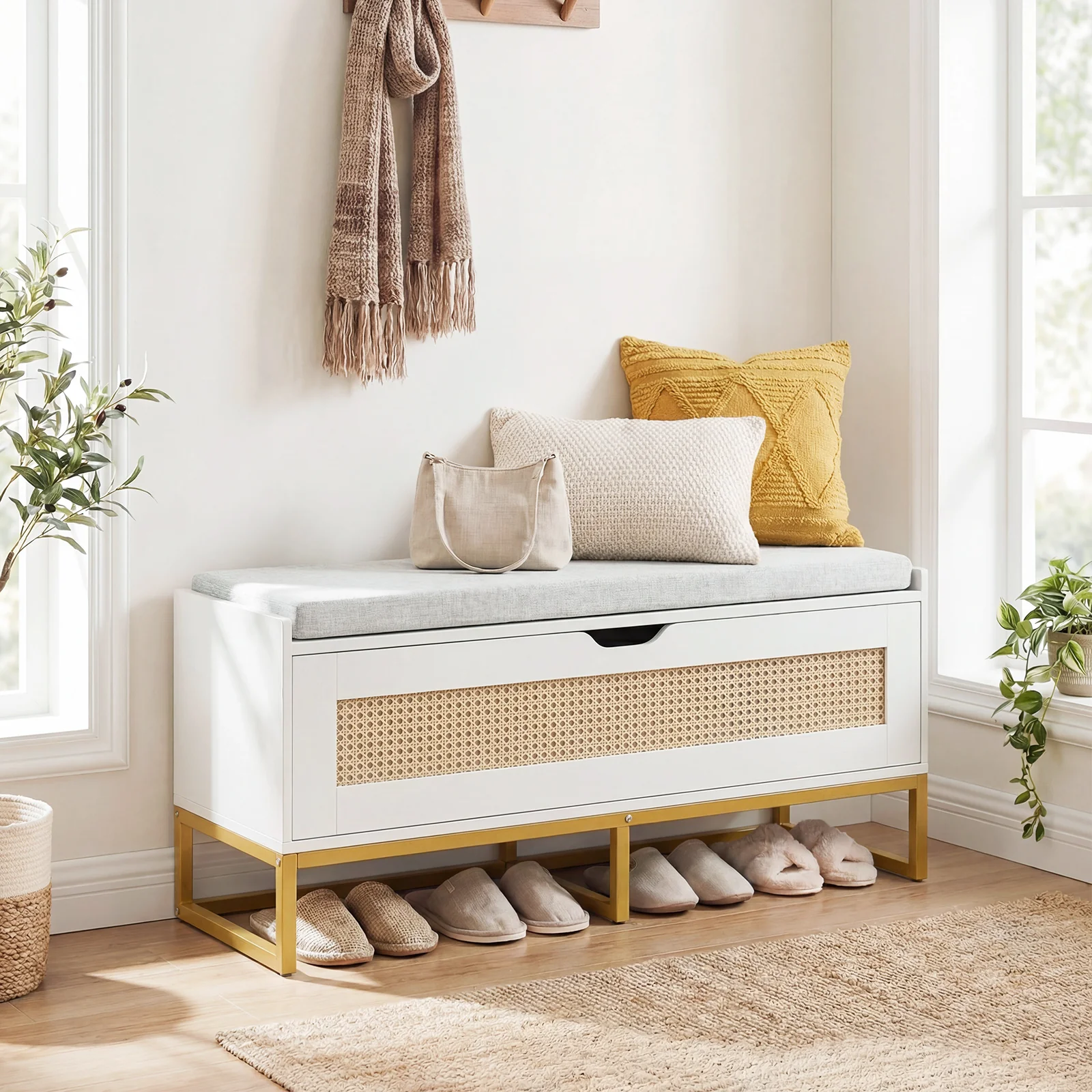 39.5" Rattan Storage Chest, Wicker Shoe Bench, Padded Seat Flip-Top, White - Image 6