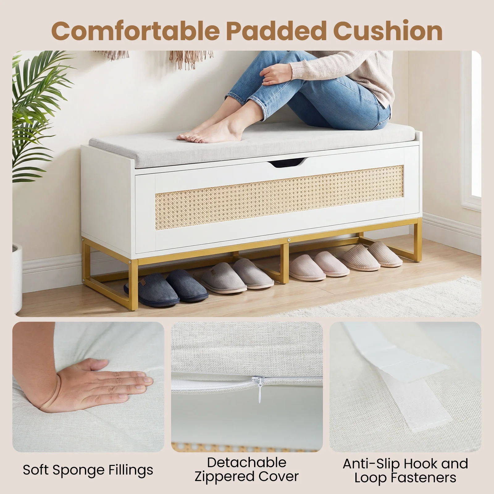 39.5" Rattan Storage Chest, Wicker Shoe Bench, Padded Seat Flip-Top, White - Image 8