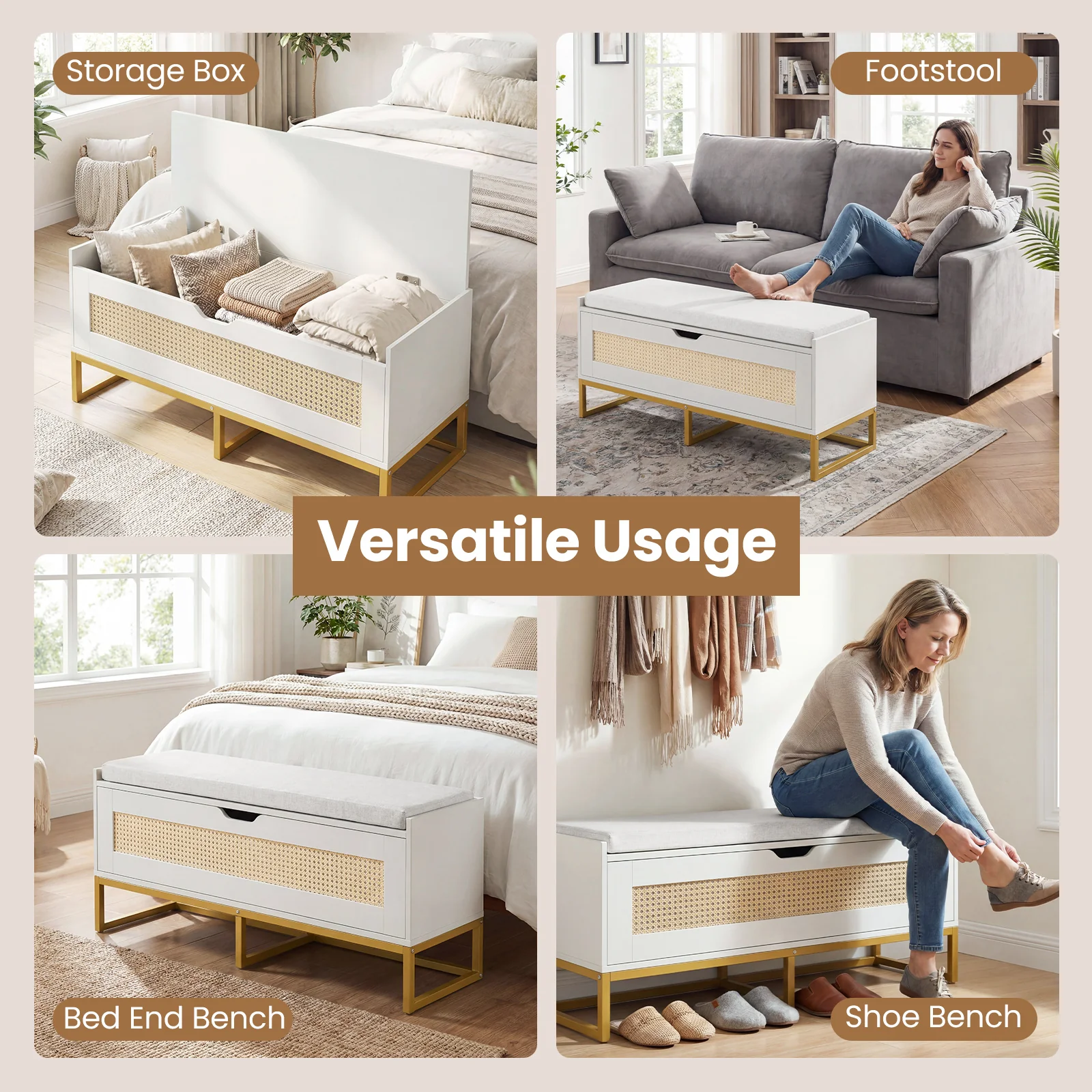 39.5" Rattan Storage Chest, Wicker Shoe Bench, Padded Seat Flip-Top, White - Image 9