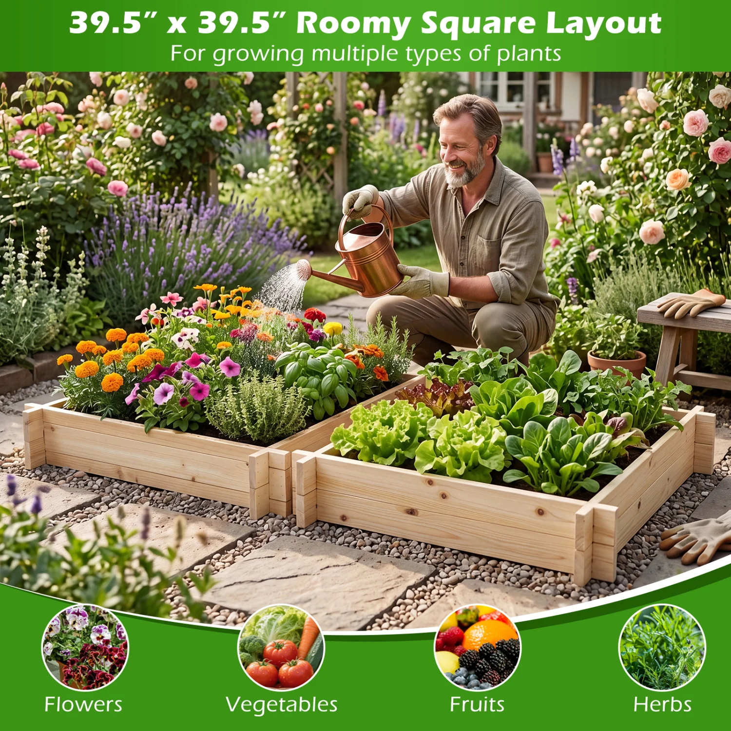 39.5In x 39.5In Square Wooden Raised Garden Bed - Image 6