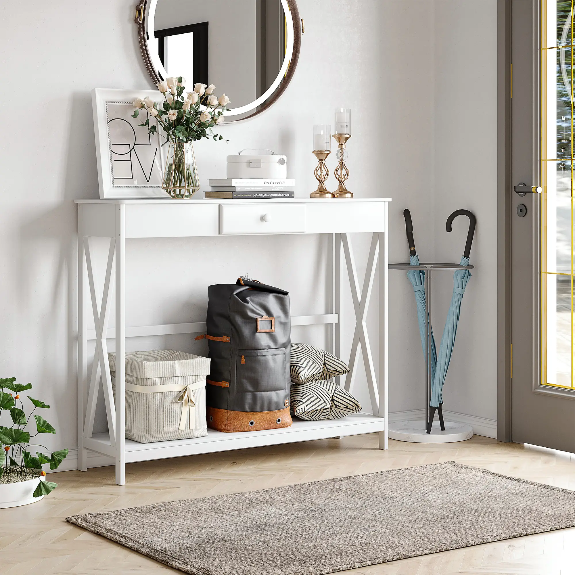 39" Console Table, 2 Tier X-Design, Narrow Entryway Table with Drawer, White - Image 2