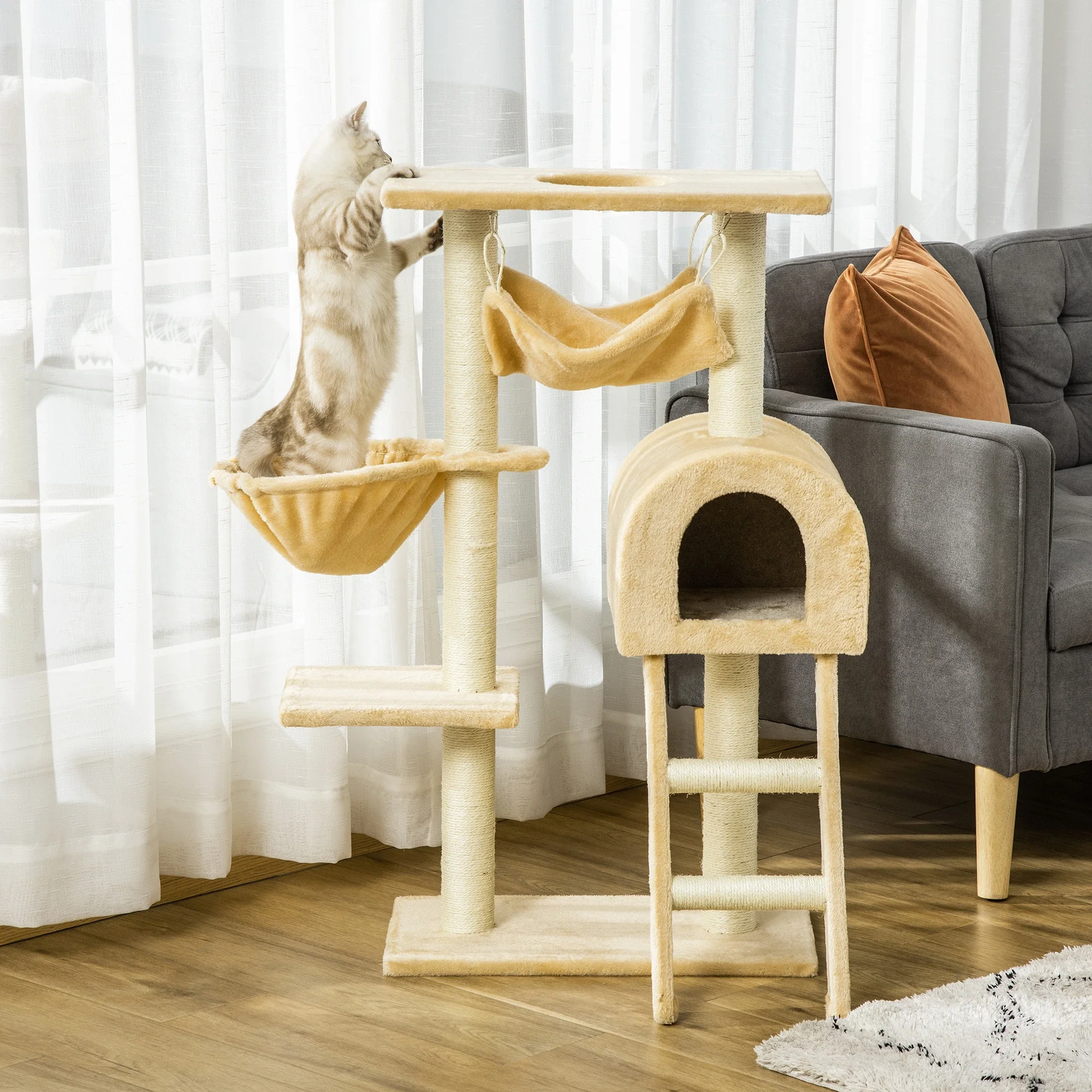 39" Deluxe Cat Tree Tower, Scratching Post, Kitten Condo, Deep Cream - Image 2