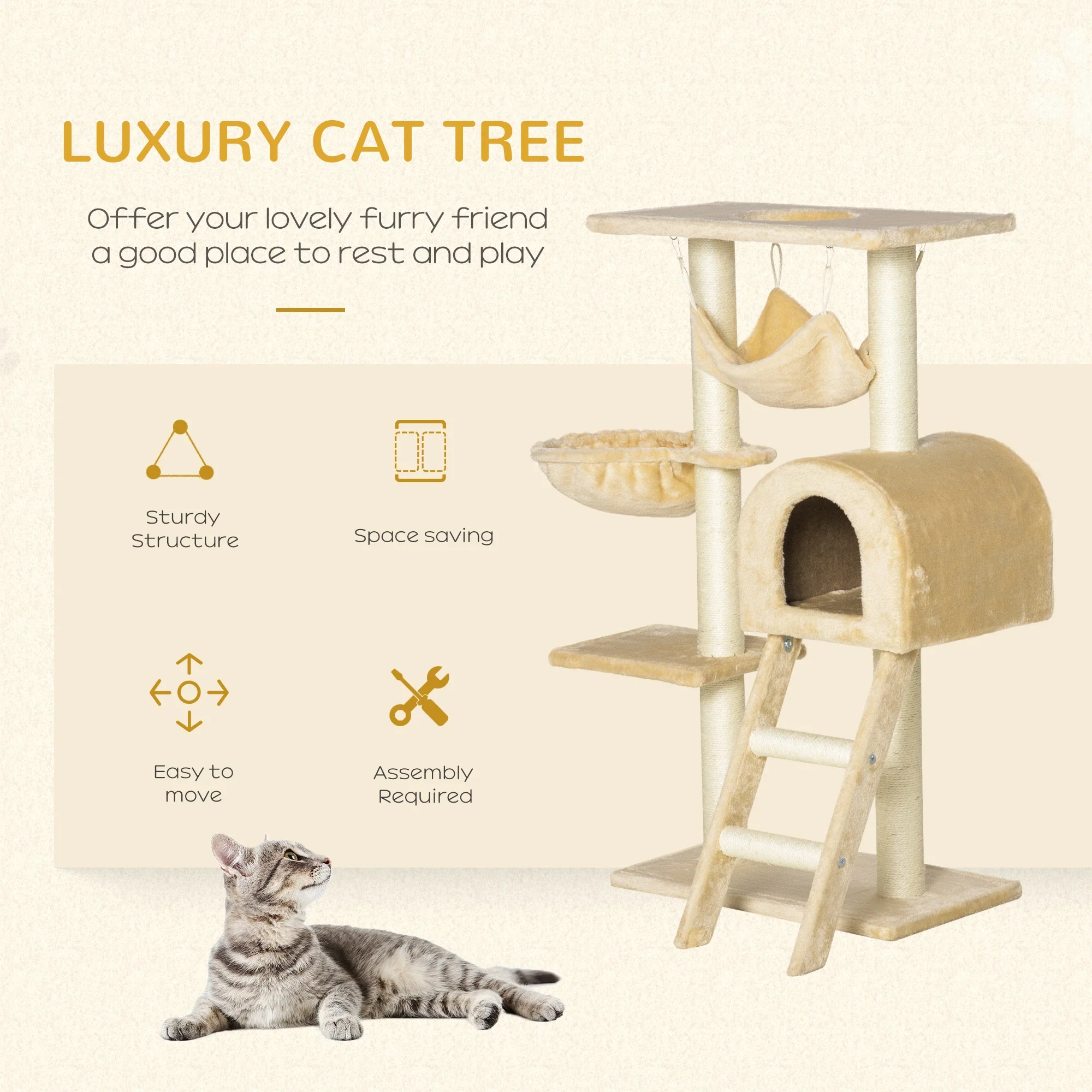 39" Deluxe Cat Tree Tower, Scratching Post, Kitten Condo, Deep Cream - Image 4