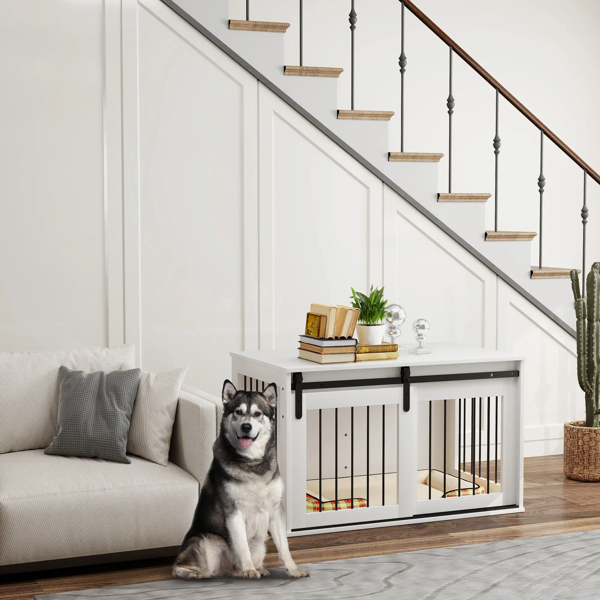 39" Dog Crate Furniture, End Side Table for Large Dogs, White - Image 2