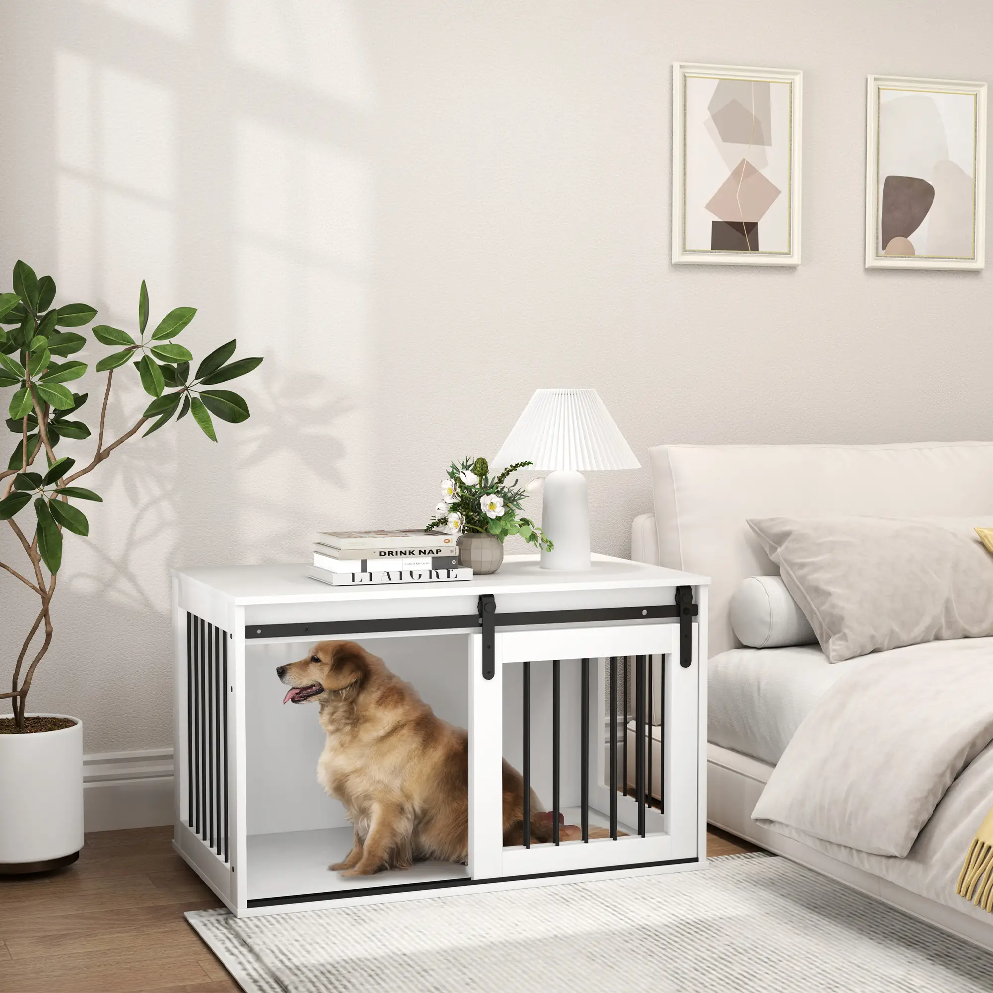 39" Dog Crate Furniture, End Side Table for Large Dogs, White - Image 8