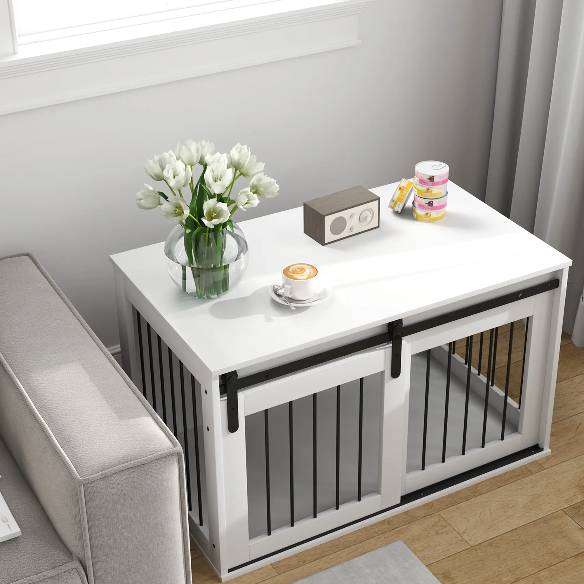39" Dog Crate Furniture, End Side Table for Large Dogs, White - Image 9