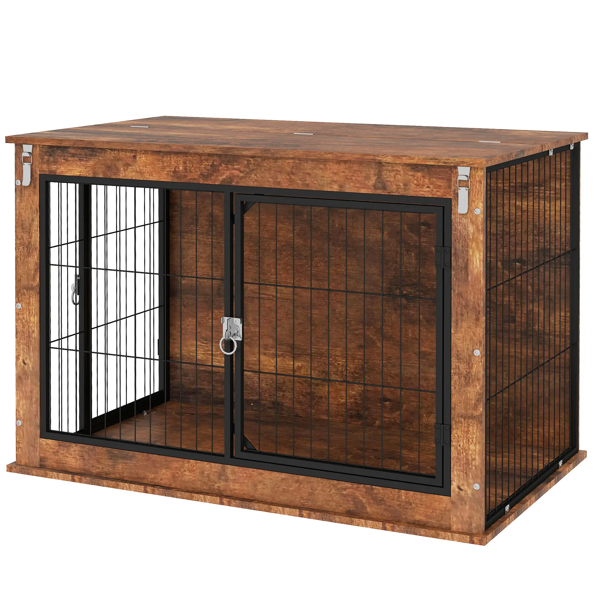 39" Dog Crate Furniture, Flip-up Top, 2 Doors, Rustic Brown