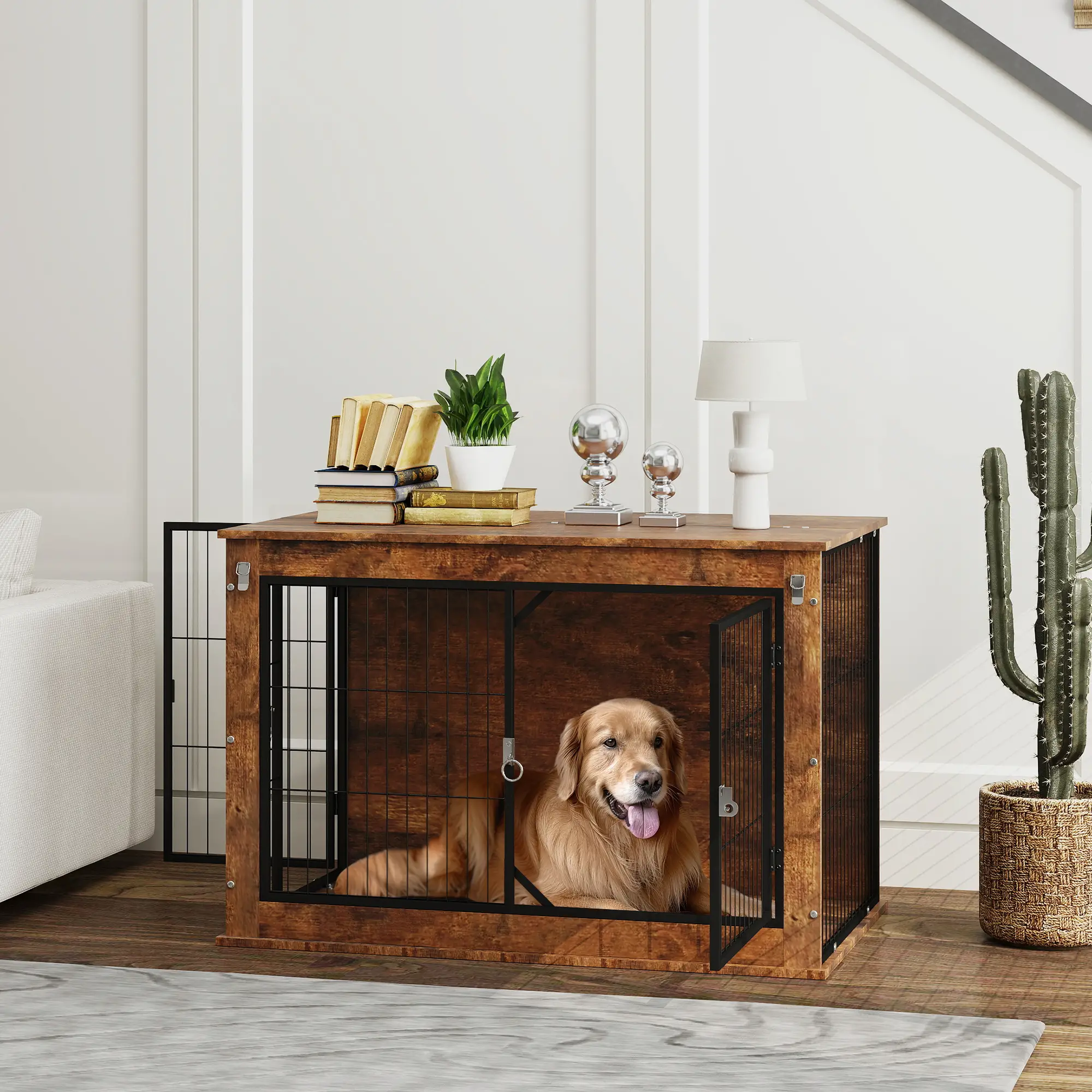 39" Dog Crate Furniture, Flip-up Top, 2 Doors, Rustic Brown - Image 2