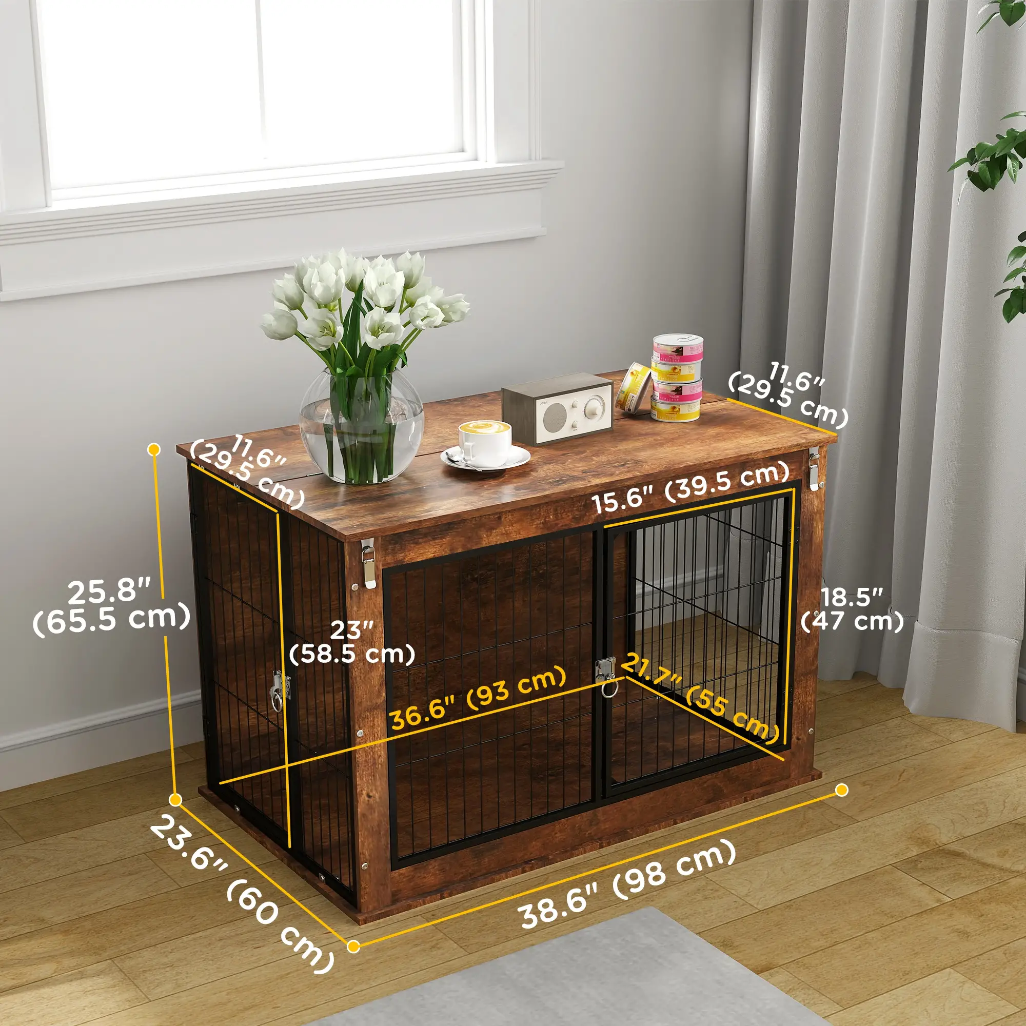 39" Dog Crate Furniture, Flip-up Top, 2 Doors, Rustic Brown - Image 3