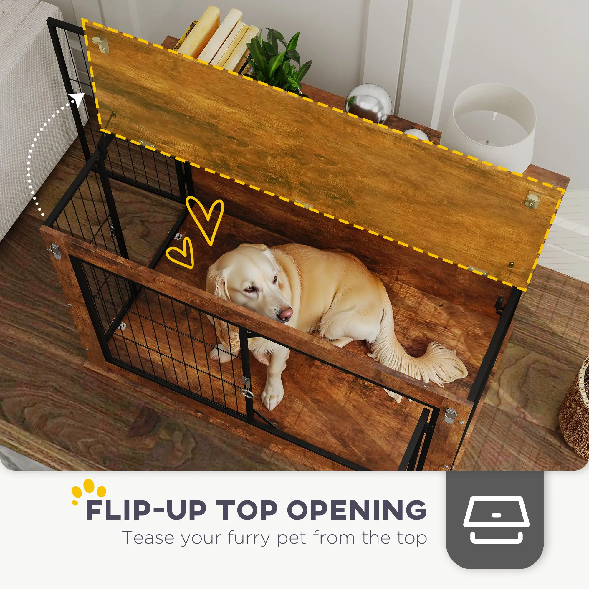 39" Dog Crate Furniture, Flip-up Top, 2 Doors, Rustic Brown - Image 5
